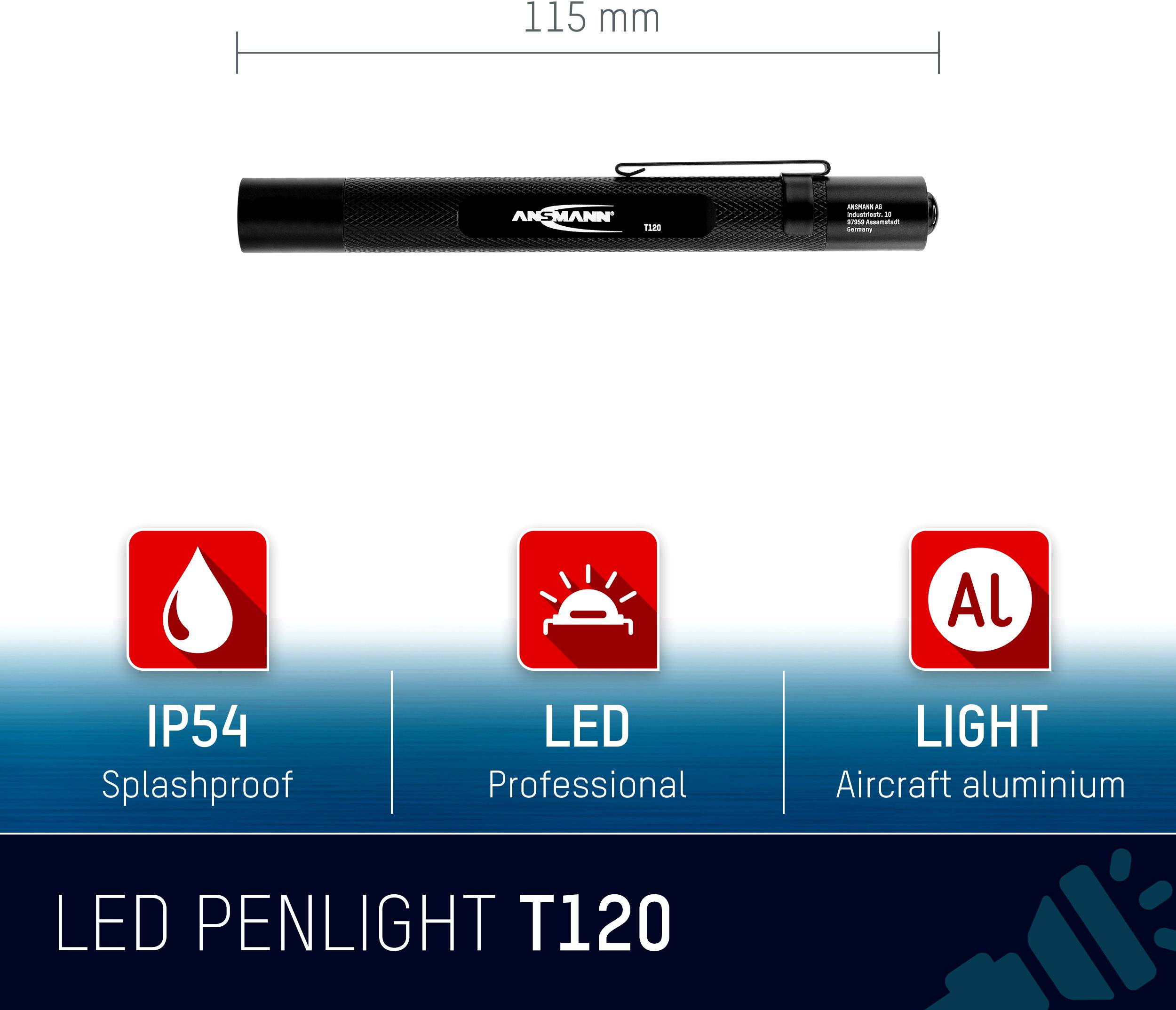 LED svítilna T120 o délce 115 mm. Vlastnosti: chráněná proti stříkající vodě (IP54), profesionální LED, pouzdro z leteckého hliníku.
