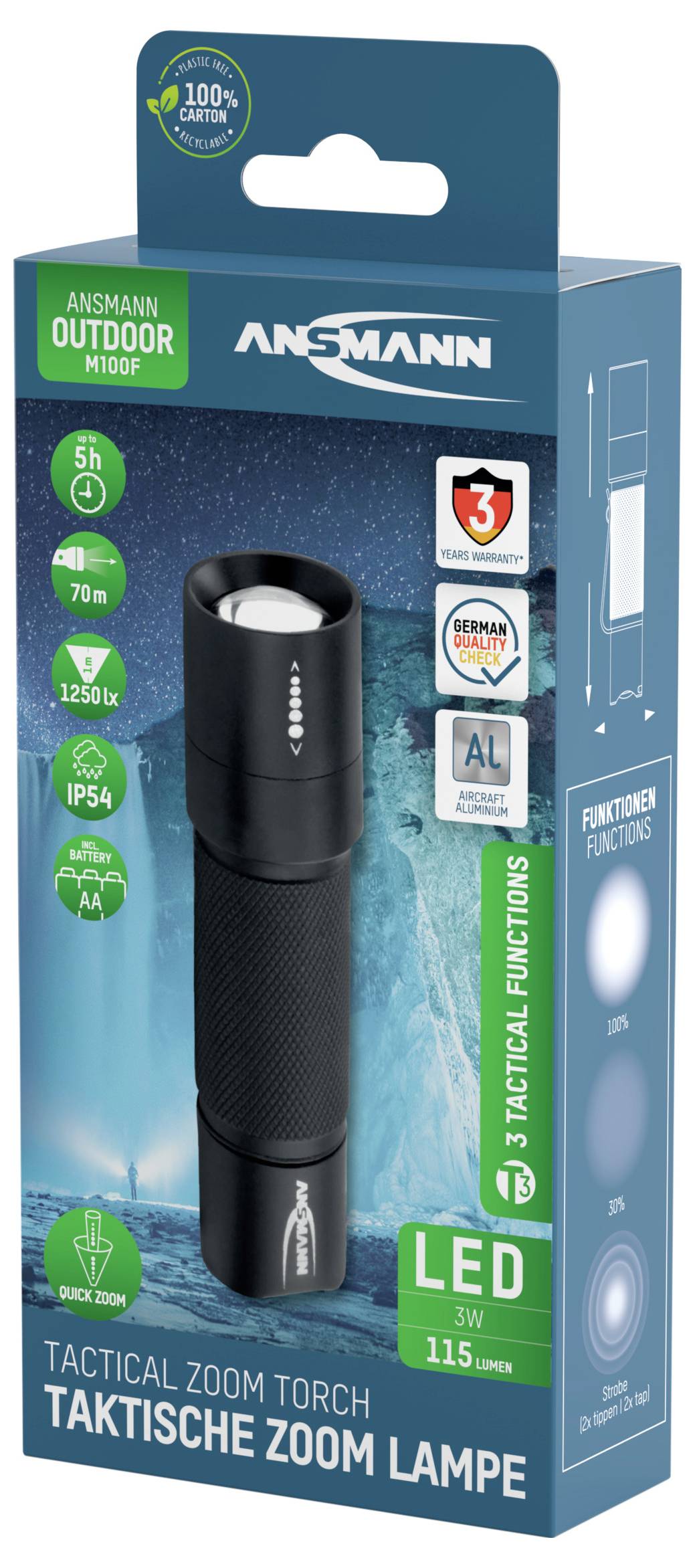 Taktická zoom LED svítilna se 3 jasnými světelnými módy, nárazuvzdorným pouzdrem a krytím IP54, ideální pro outdoorové dobrodružství a záchranné mise.