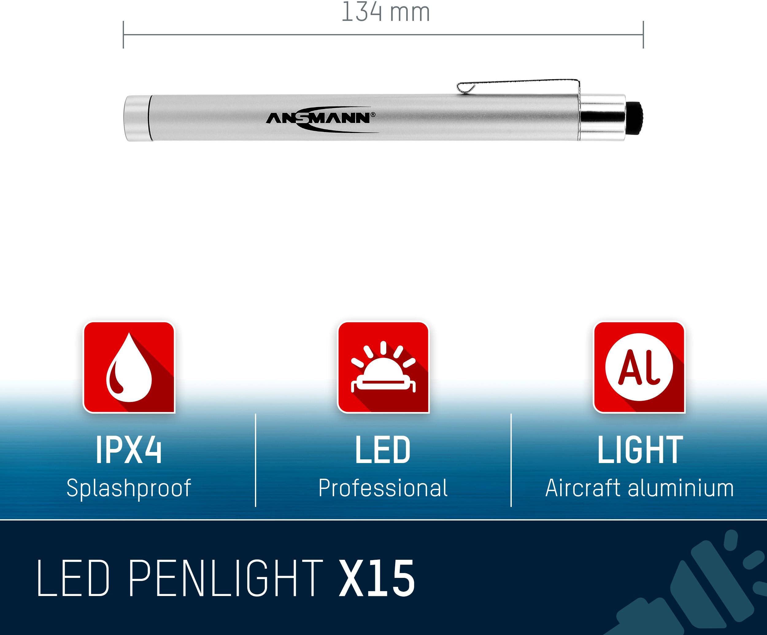 LED svítilna X15, 134 mm, chráněná proti stříkající vodě (IPX4), LED technologie, hliníkové pouzdro pro profesionální použití.
