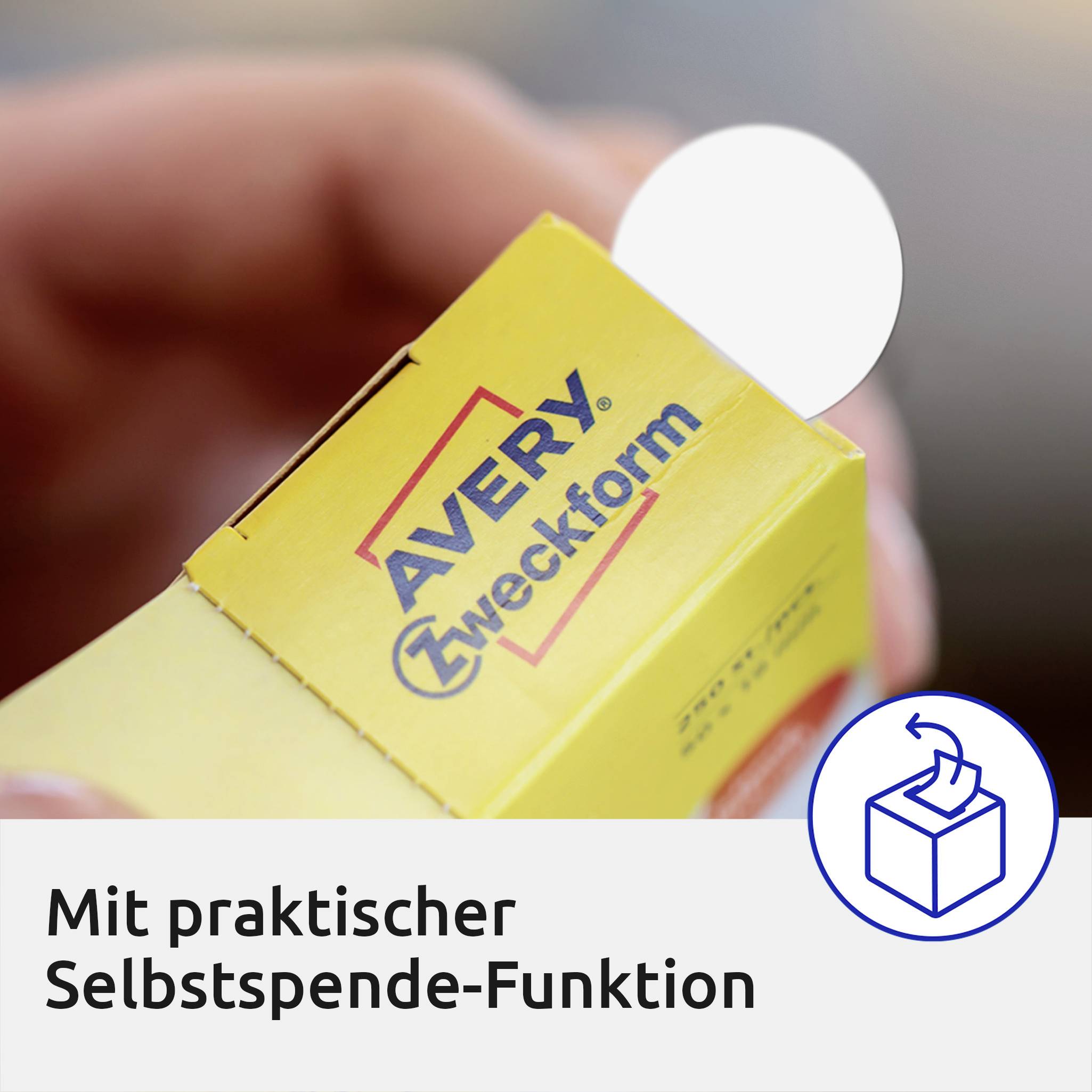 Žlutý box Avery Zweckform s 'praktickou funkcí samoobslužného odběru', znázorněný symbolem.