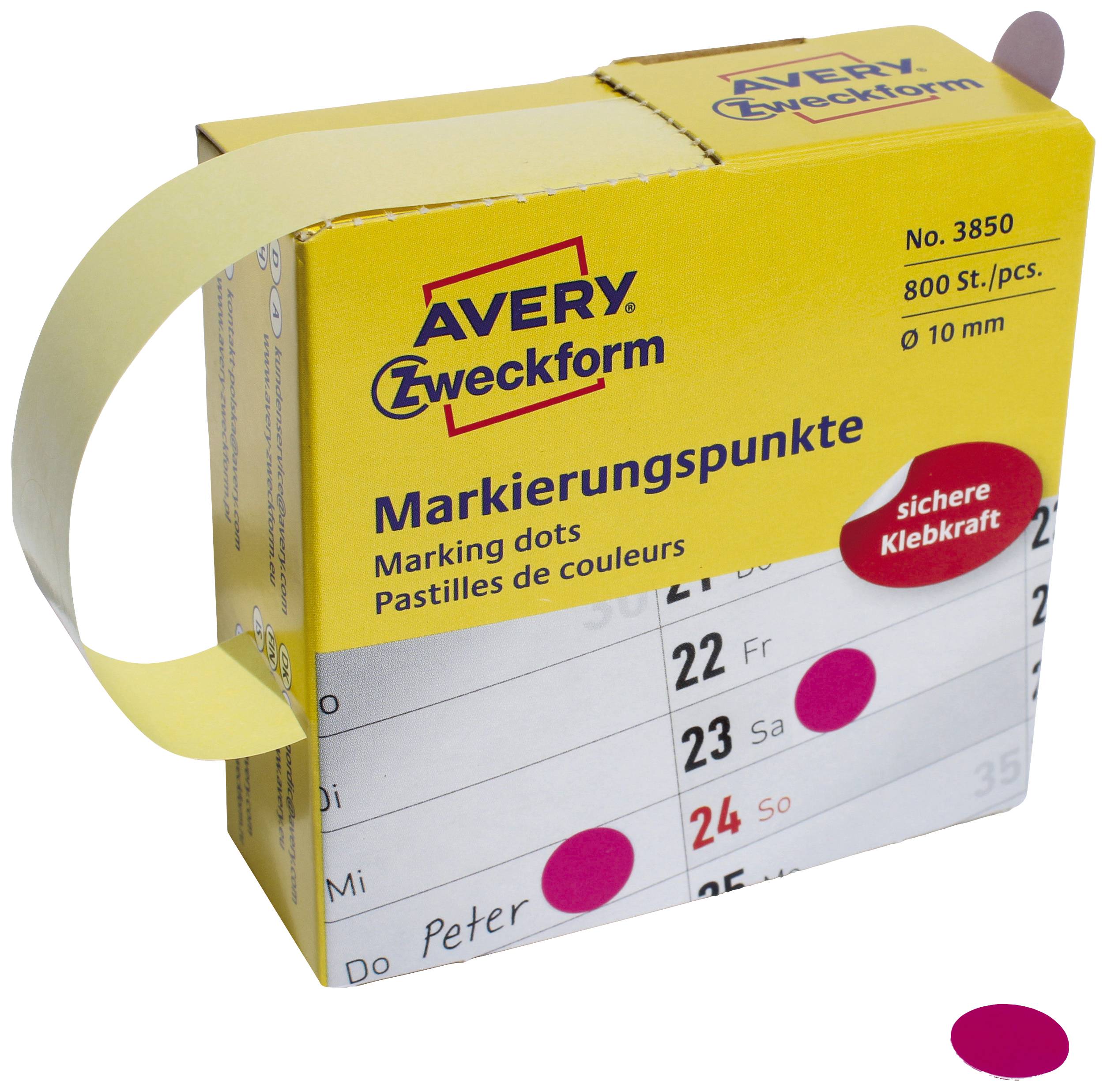 Krabice s kulatými, růžovými značícími body od Avery Zweckform. Obsahuje 800 kusů o průměru 10 mm.