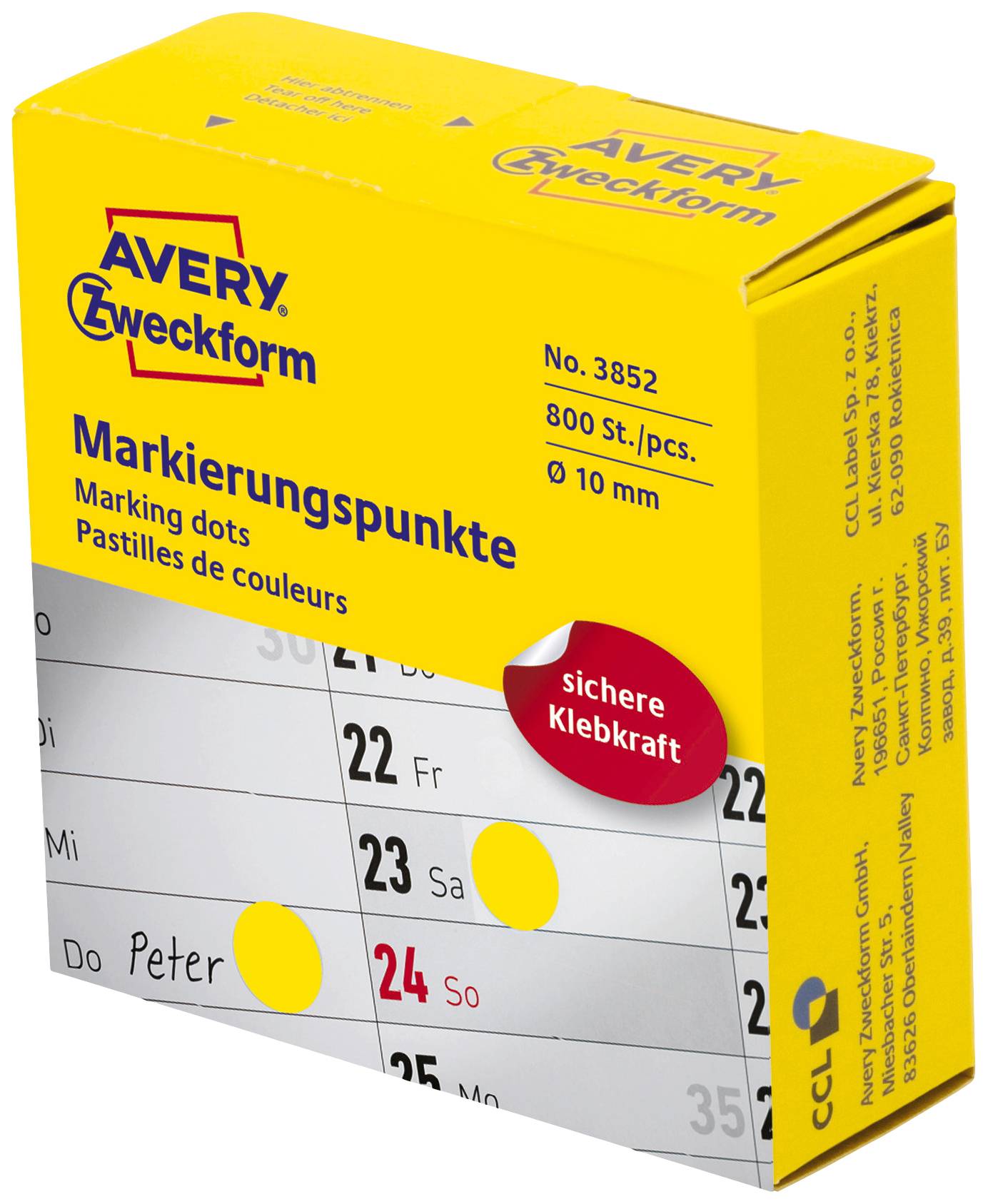 'Žluté značkovací body, 800 kusů, průměr 10 mm, spolehlivá lepicí síla. Balení od Avery Zweckform.'