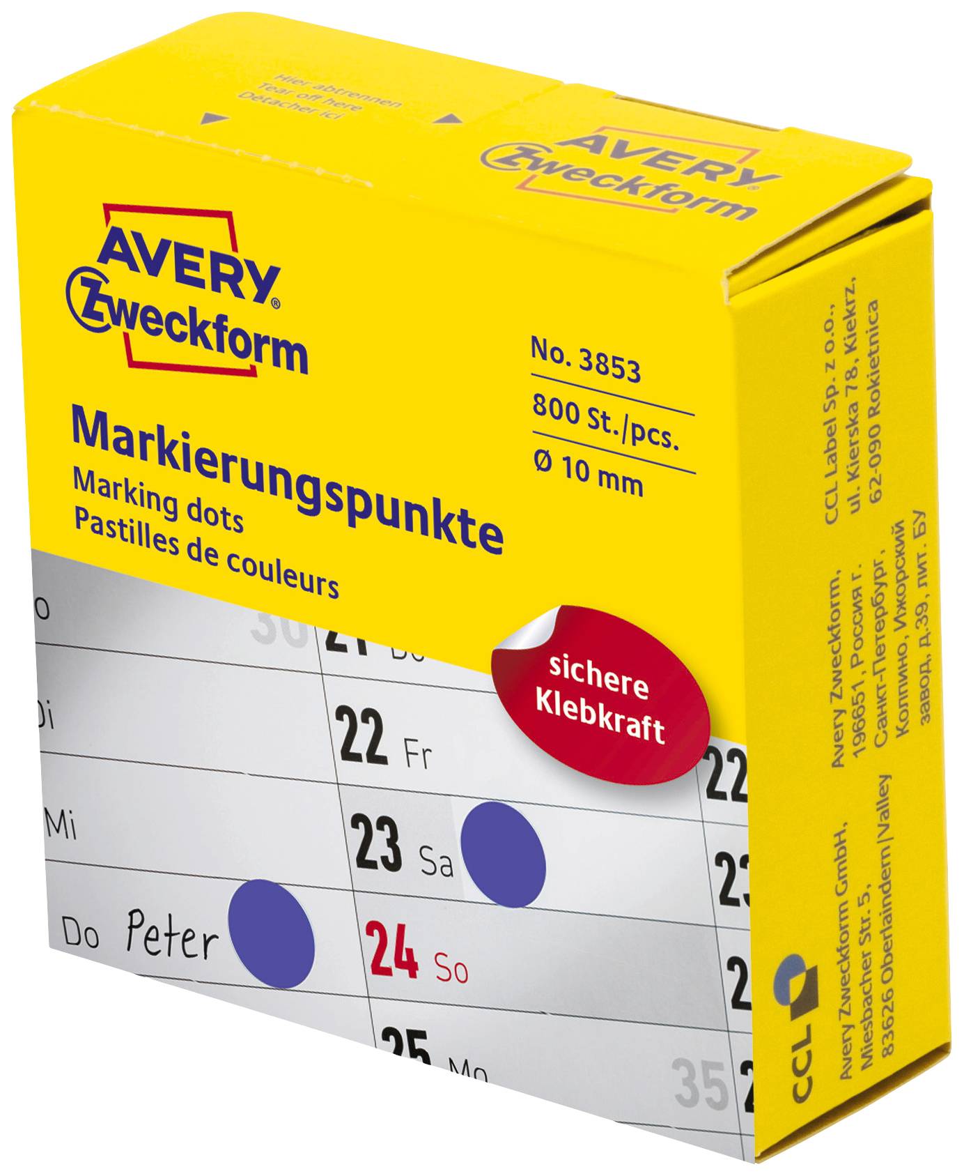 'Balení s označovacími body Avery Zweckform, 800 kusů, průměr 10 mm, s velmi silnou přilnavostí. Žluté s červeným kruhem.'