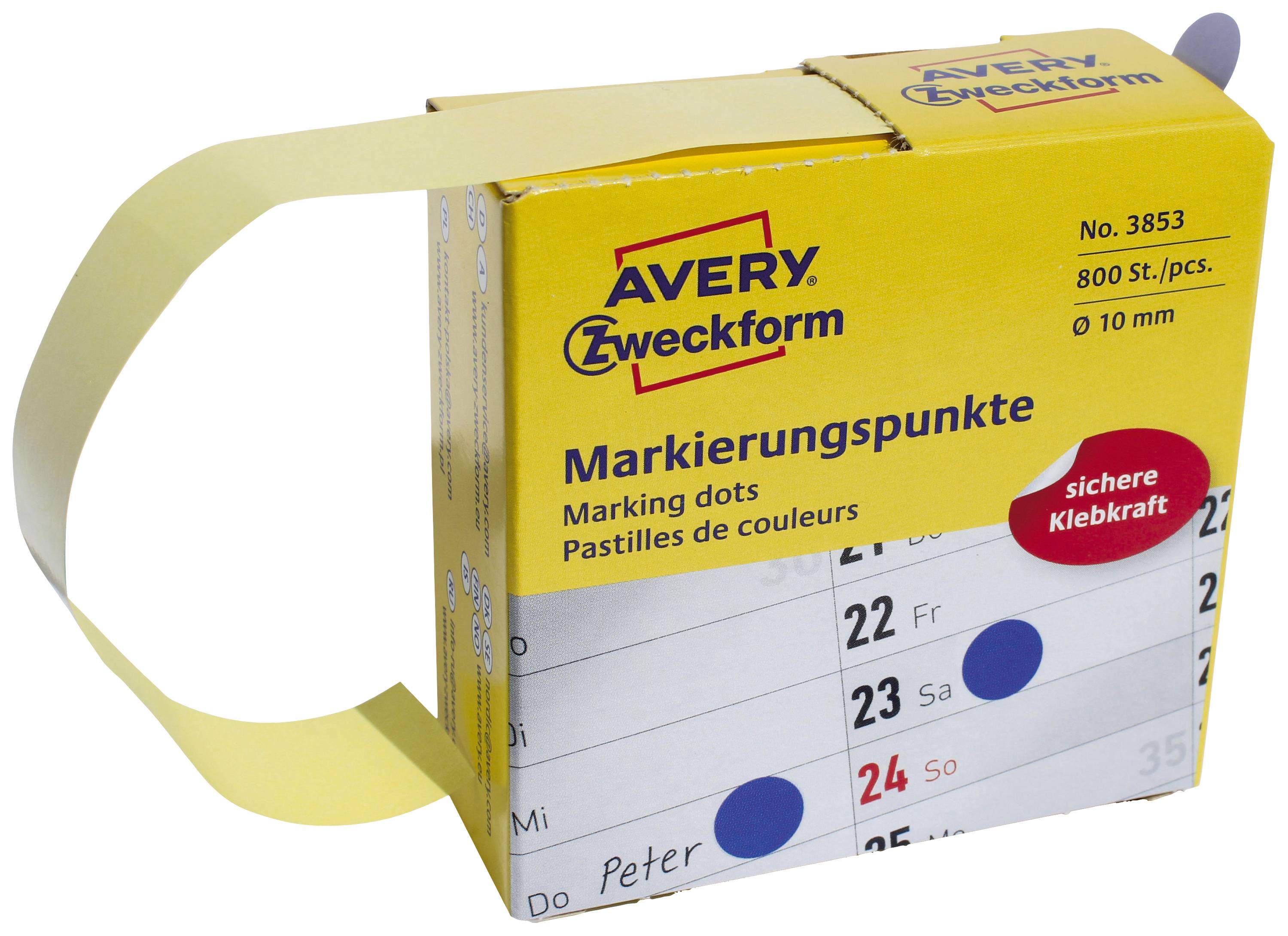 Žluté balení pro značkovací body Avery Zweckform, 800 kusů, ø 10 mm. Obsahuje roli modrých samolepicích bodů.