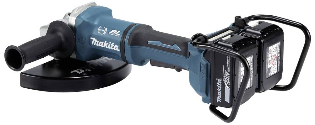 Modrá úhlová bruska s černou rukojetí a akumulátorem. Označená logem 'Makita'.