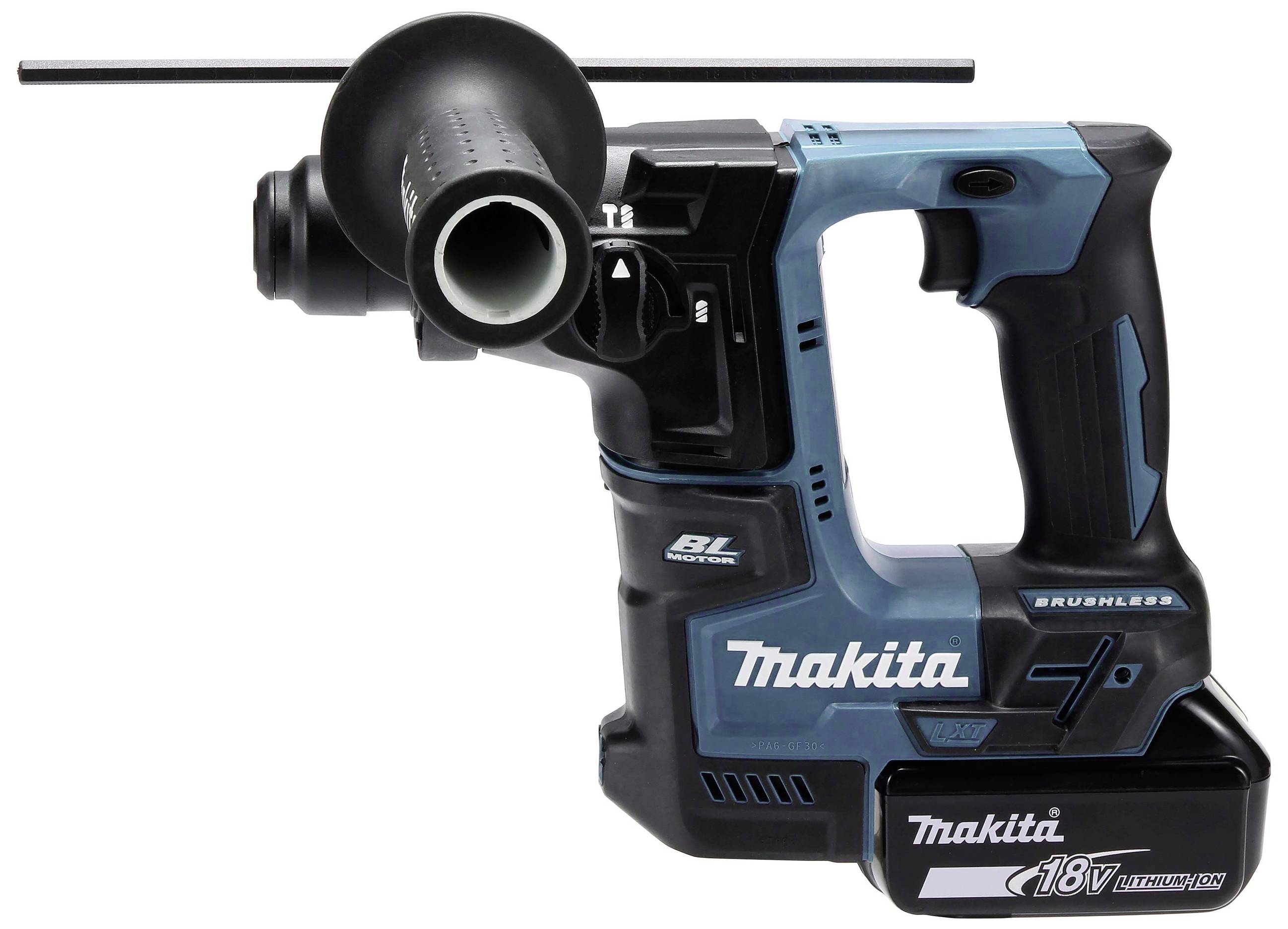 Akumulátorové kladivo s bočním držadlem, černé a modré barvy, značky Makita, model 18V LXT lithium-iontový, vhodné pro vrtání a sekání.