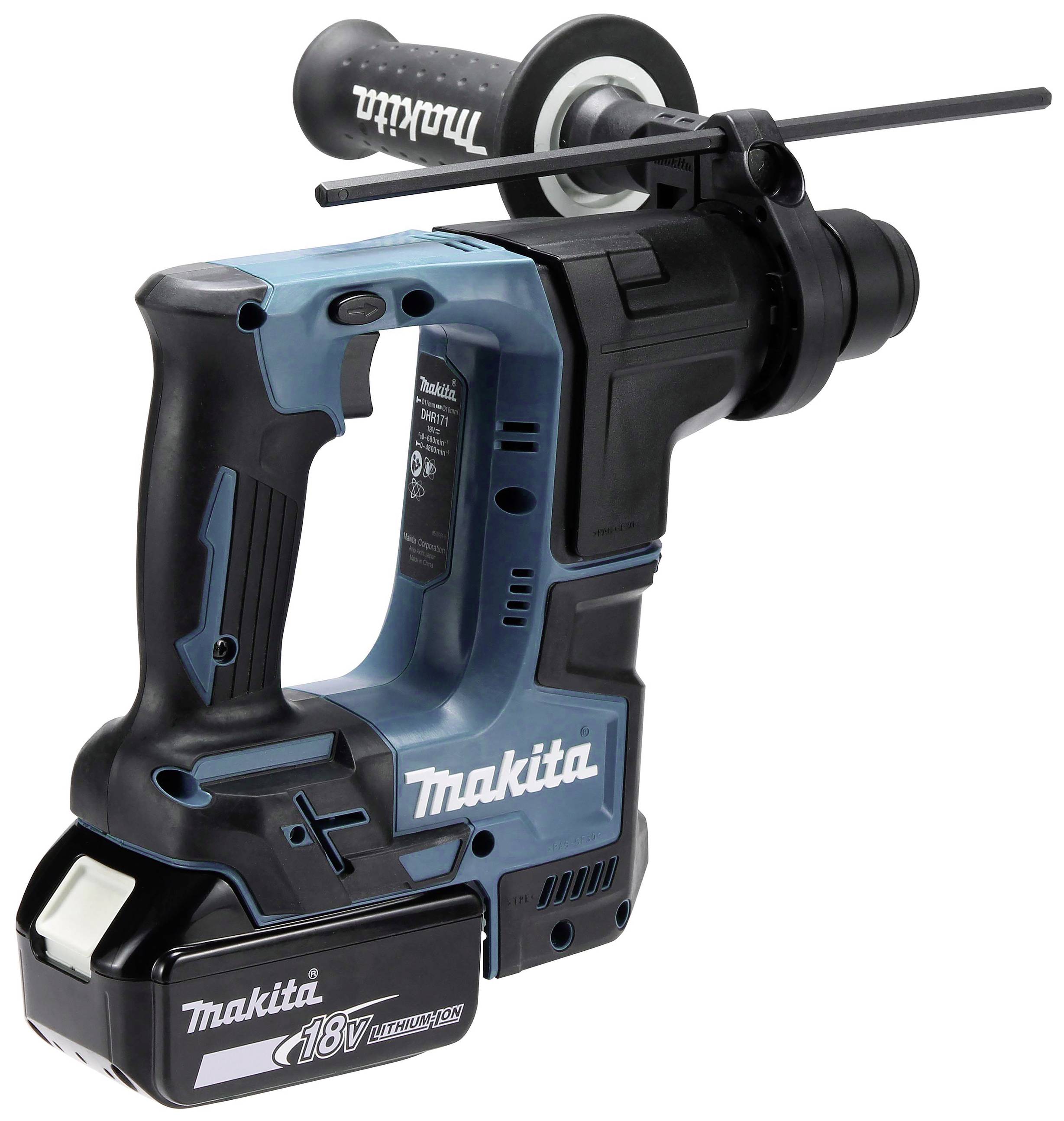 Akumulátorové vrtací kladivo Makita DHR241Z s 18V lithium-iontovou baterií a přídavnou rukojetí v modré a černé barvě, vhodné pro vrtací práce.