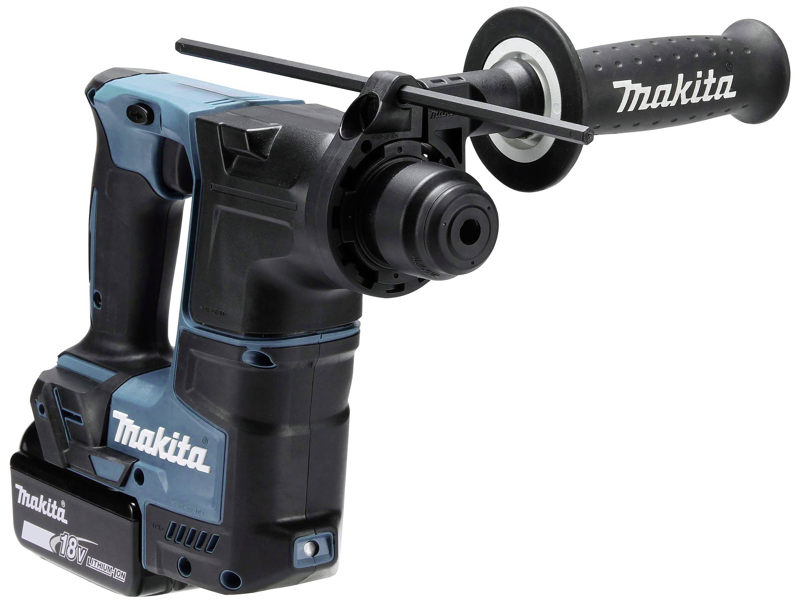 Aku vrtací kladivo od Makity s přídavnou rukojetí a 18V baterií, vhodné pro výkonné vrtací a sekací práce.