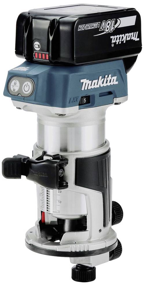 Makita 18V aku-fréza s nastavovacími tlačítky a stupnicí na základně. Horní oblast obsahuje indikátor stavu baterie.