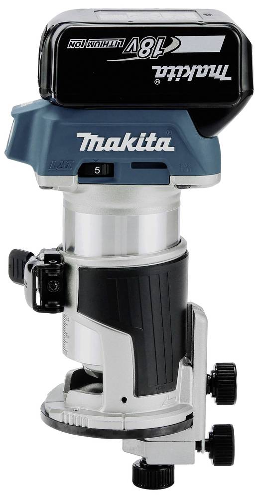 Aku horní frézka od Makity s 18V lithium-iontovou baterií, v modro-černém provedení, vhodná pro přesné opracování dřeva.