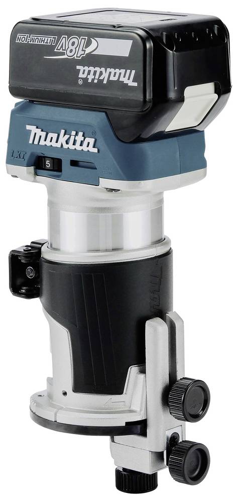 Kompaktní, akumulátorové elektrické zařízení s nápisem 'Makita 18V'. Skládá se z motorové jednotky nahoře a kovové základny dole.