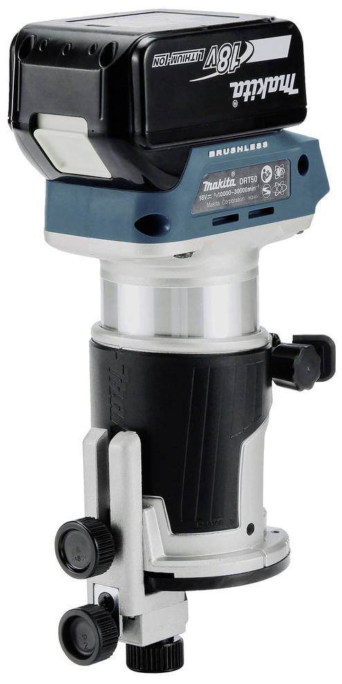 Akumulátorová horní frézka Makita s výkonem 18V. Kompaktní design v černé, modré a stříbrné barvě pro přesné práce se dřevem.