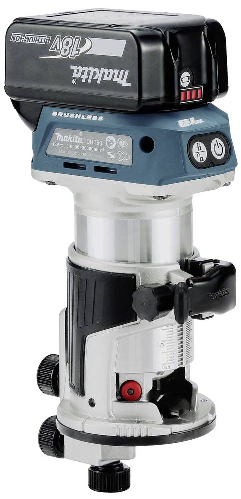 Bezdrátový, akumulátorový router s 18V baterií, vhodný pro práci se dřevem. Obsahuje nastavení pro kontrolu hloubky.