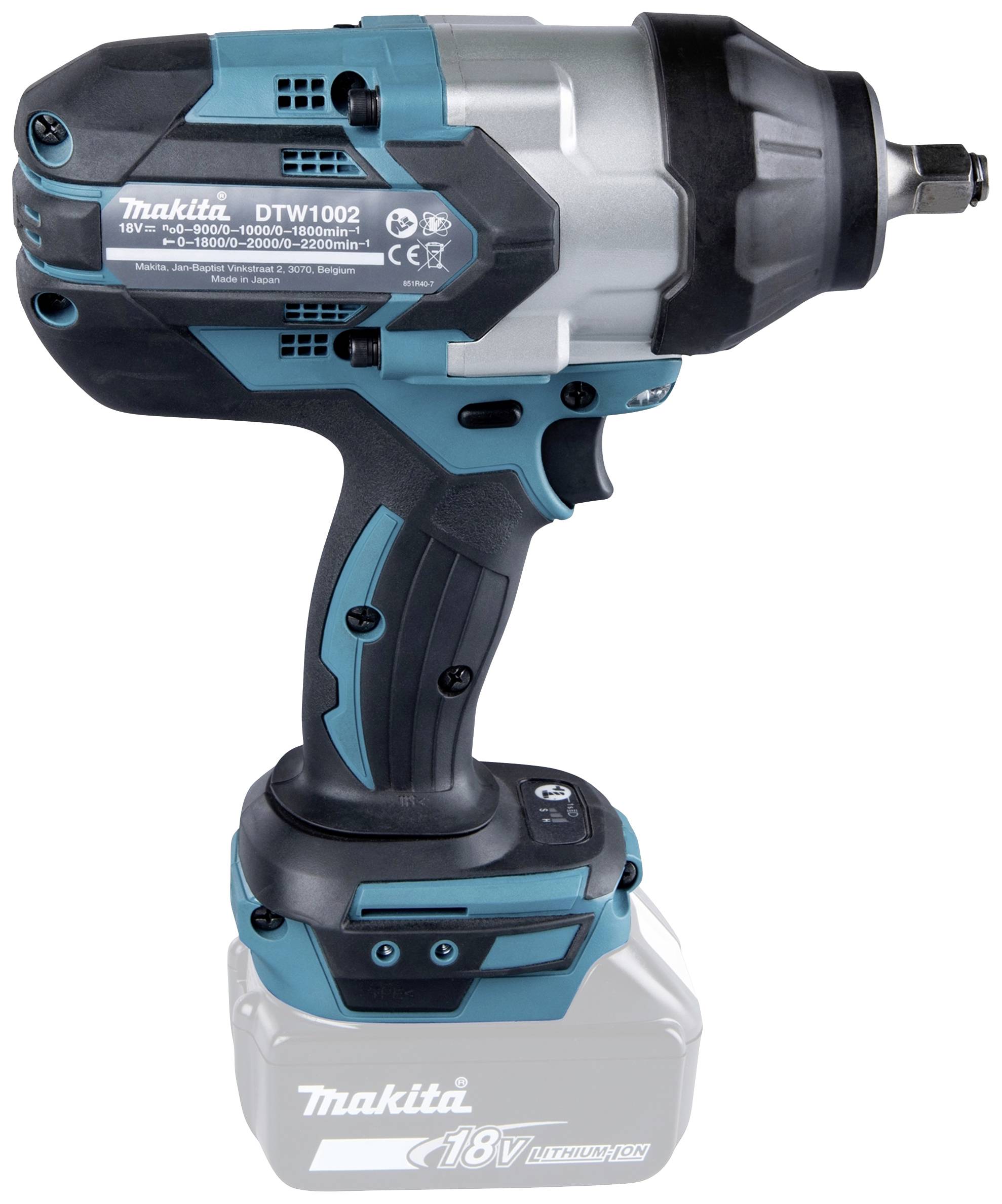 Bezdrátový rázový utahovák s modro-černě-šedým designem a logem Makita. Prostor pro baterii umístěn dole, vhodný pro šroubovací práce.
