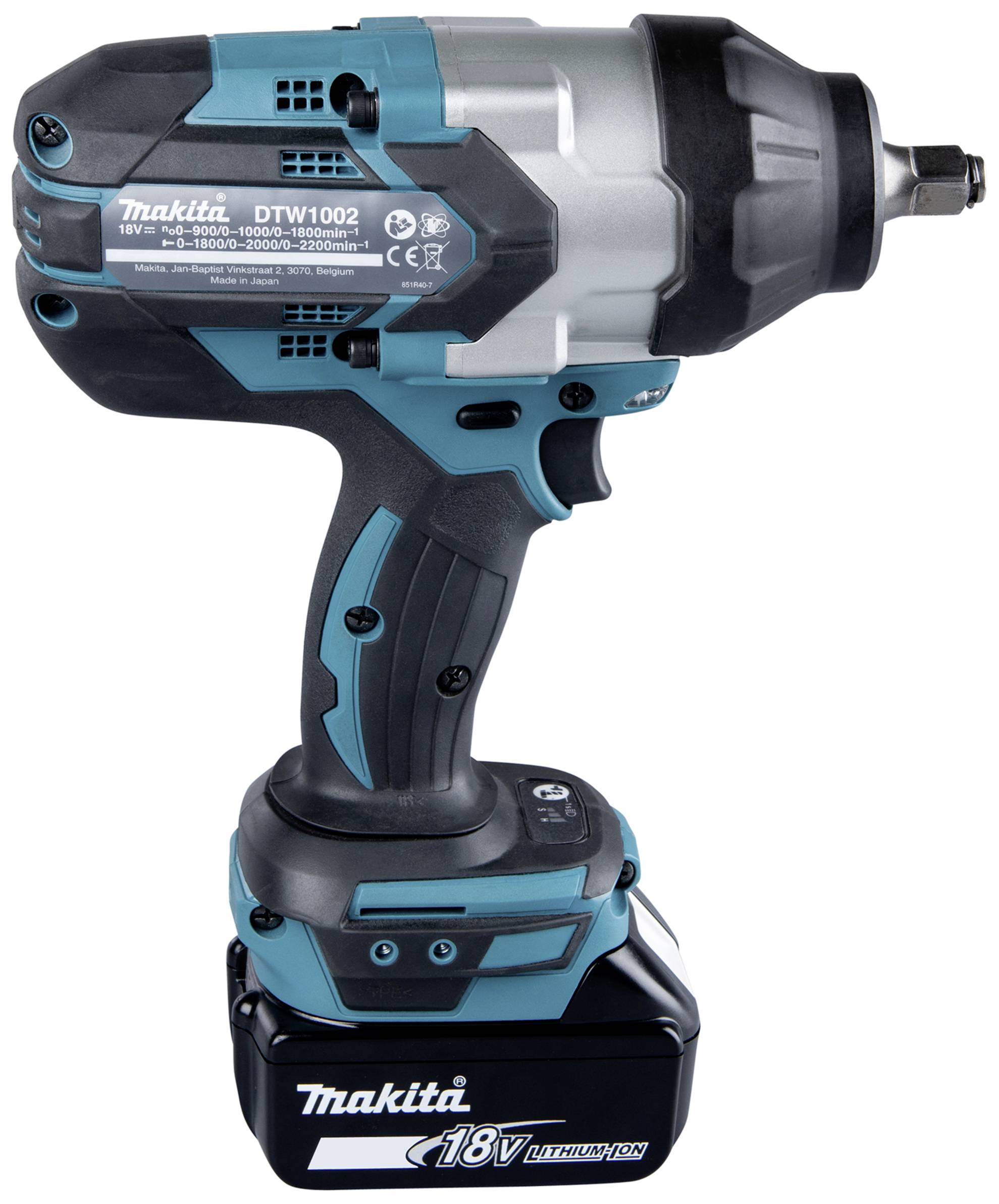 Akumulátorový rázový šroubovák s modro-černým krytem, rukojetí a výměnnou kazetou. Potisk '18V Lithium-Ion'.