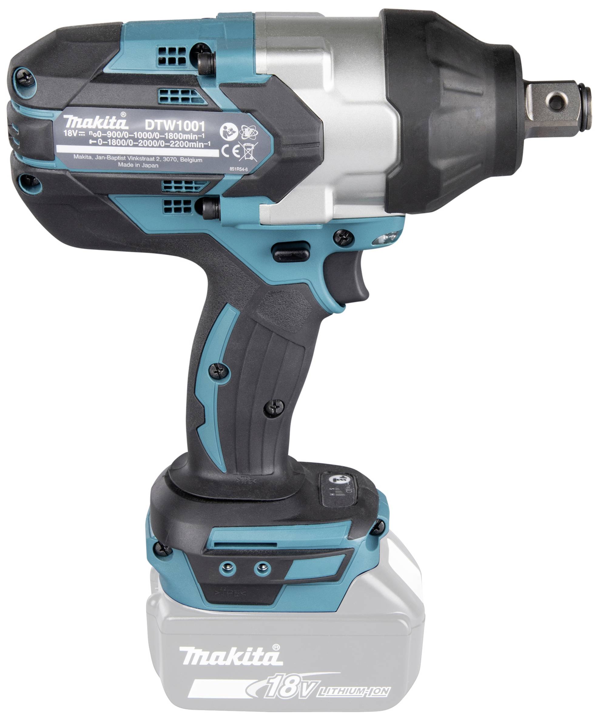 Makita DTW1001 akumulátorový rázový utahovák v modro-černém provedení, zobrazuje rukojeť, spoušť a přední kovovou část, vhodný pro 18V akumulátory.