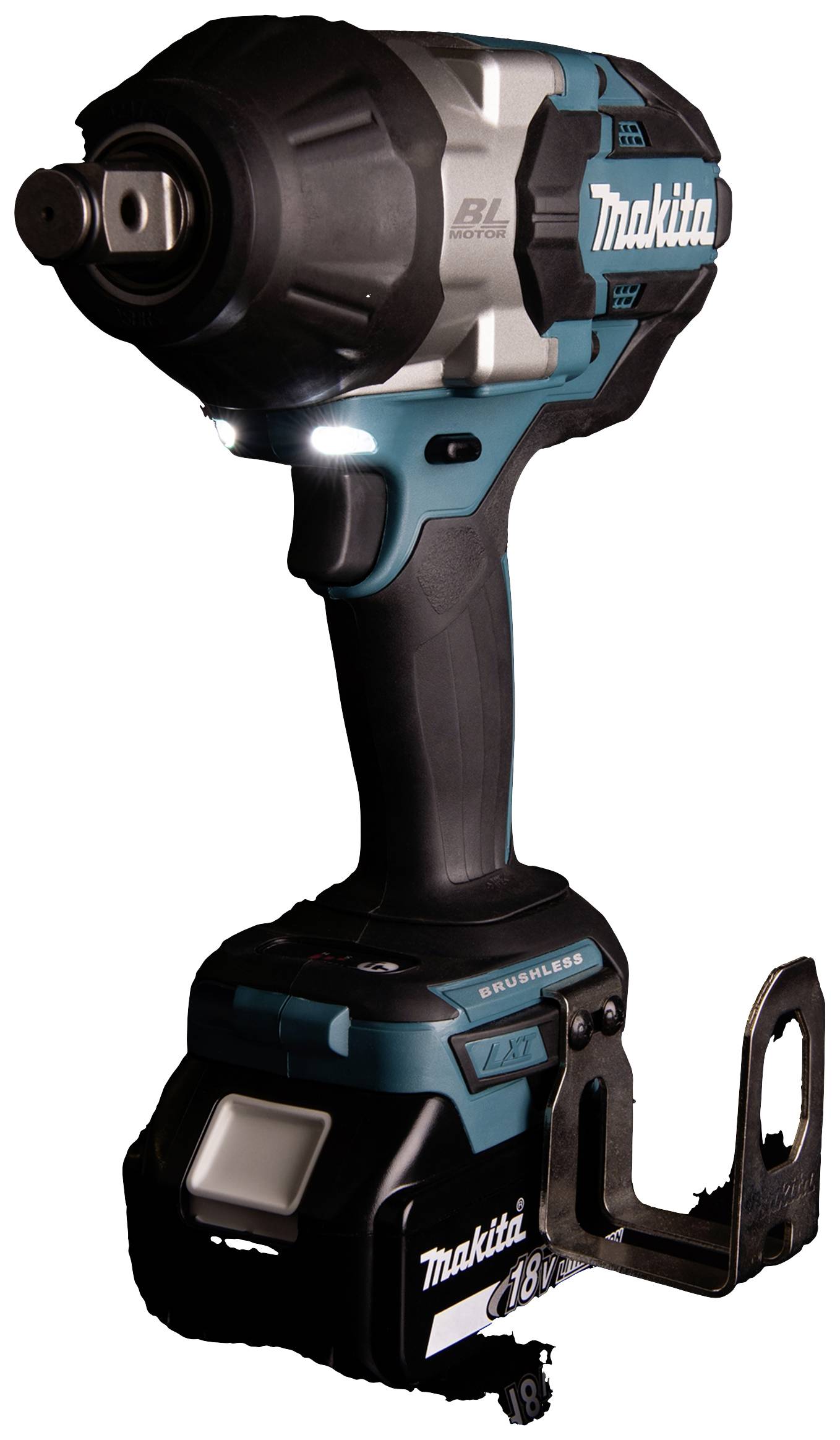 Aku šroubovák značky Makita, model 18V s bezkartáčovou technologií, v černé a tyrkysové barvě.