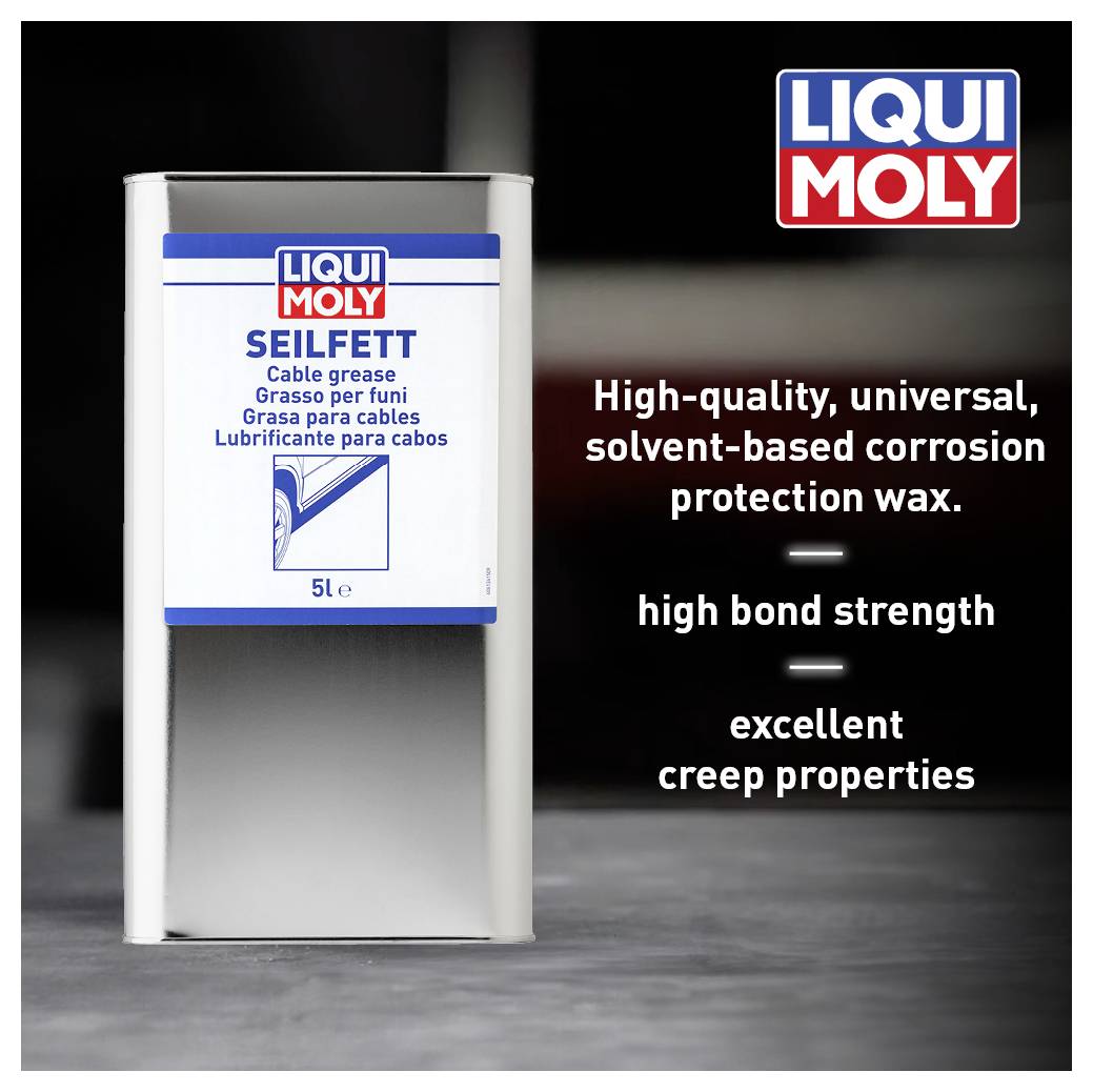 Kanystr s 'LIQUI MOLY mazacím tukem na lana', 5 L. Text vpravo: Vysoce kvalitní, univerzální, korozivzdorný vosk obsahující rozpouštědlo, s vysokou přilnavostí a dobrou schopností zatékání.