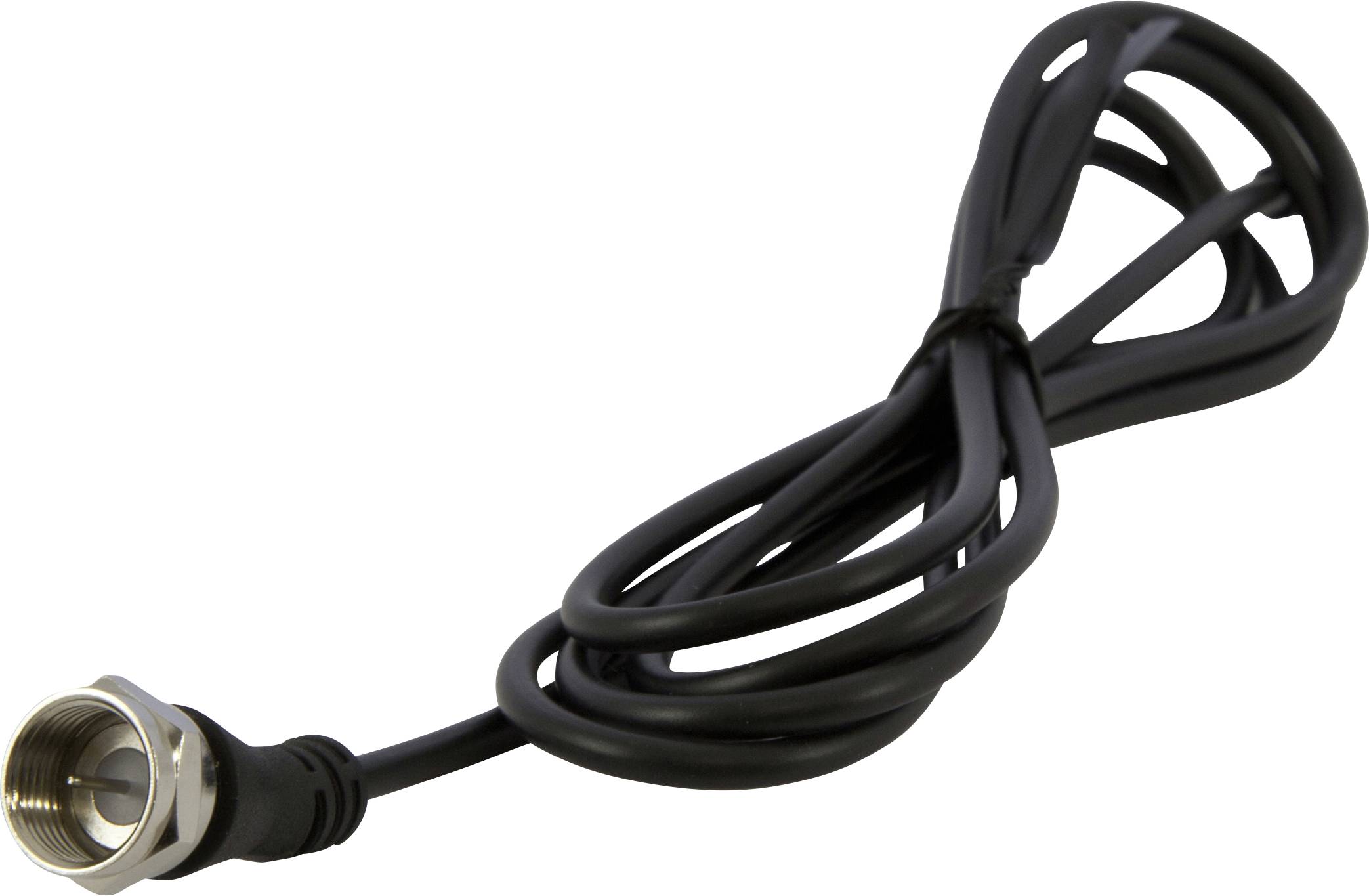 Černý koaxiální kabel s kovovým konektorem, vhodný pro TV nebo anténní připojení. Kabel je svinutý.