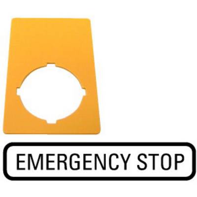 Oranžová tabulka s kulatým výřezem zobrazuje nápis 'Emergency Stop', který označuje nouzové zastavení.