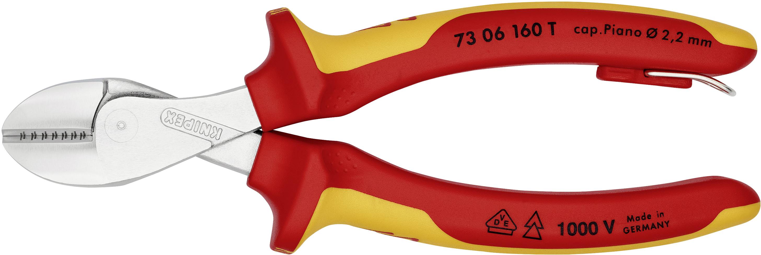 Boční štípací kleště s červenými a žlutými rukojeťmi, vhodné pro práce pod napětím do 1000 V. Vhodné pro klavírní dráty až do průměru 2,2 mm.