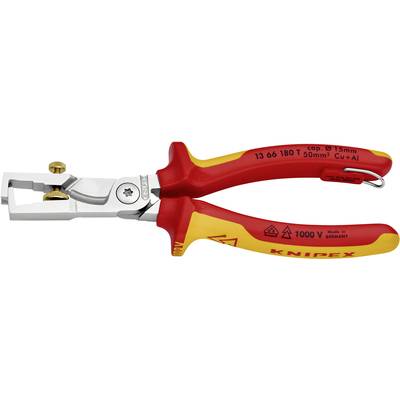 Odizolovací kleště KNIPEX s červenou a žlutou rukojetí, vhodné pro kabely až do 50 mm², izolované pro napětí do 1000 V, vyrobeno v Německu.