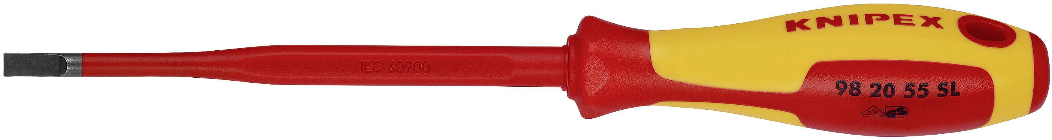 Šroubovák s izolovanou rukojetí a čepelí. Rukojeť v červené a žluté barvě s nápisem ‚KNIPEX'.
