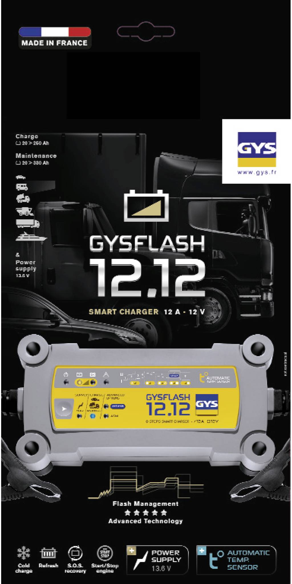 Nabíječka "GYSFLASH 12.12 Smart Charger" pro 12A/12V. Vhodná pro automobily. Má funkce pro údržbu baterie a indikaci nabíjení.