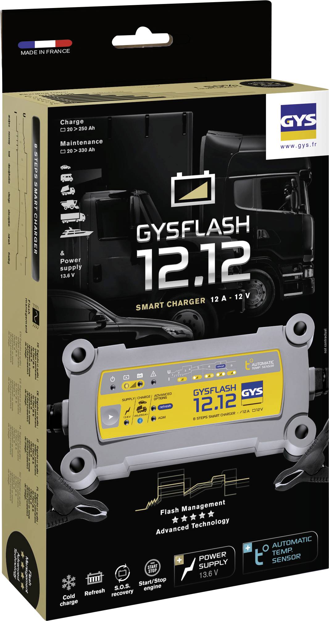 Nabíjecí zařízení GYSFLASH 12.12 pro 12V baterie. Vhodné pro vozidla; pokročilá technologie; francouzská výroba.