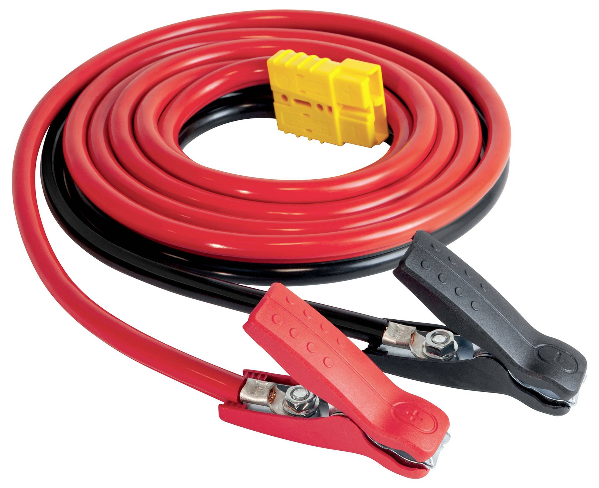 Navinutý červeno-černý startovací kabel se svorkami a žlutým konektorem na bílém pozadí.