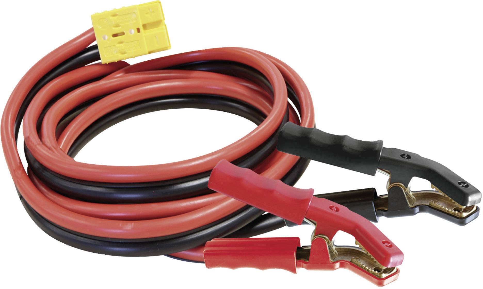 Červený a černý startovací kabel s svorkami pro oživení autobaterií, navinutý se žlutým konektorem na jednom konci.