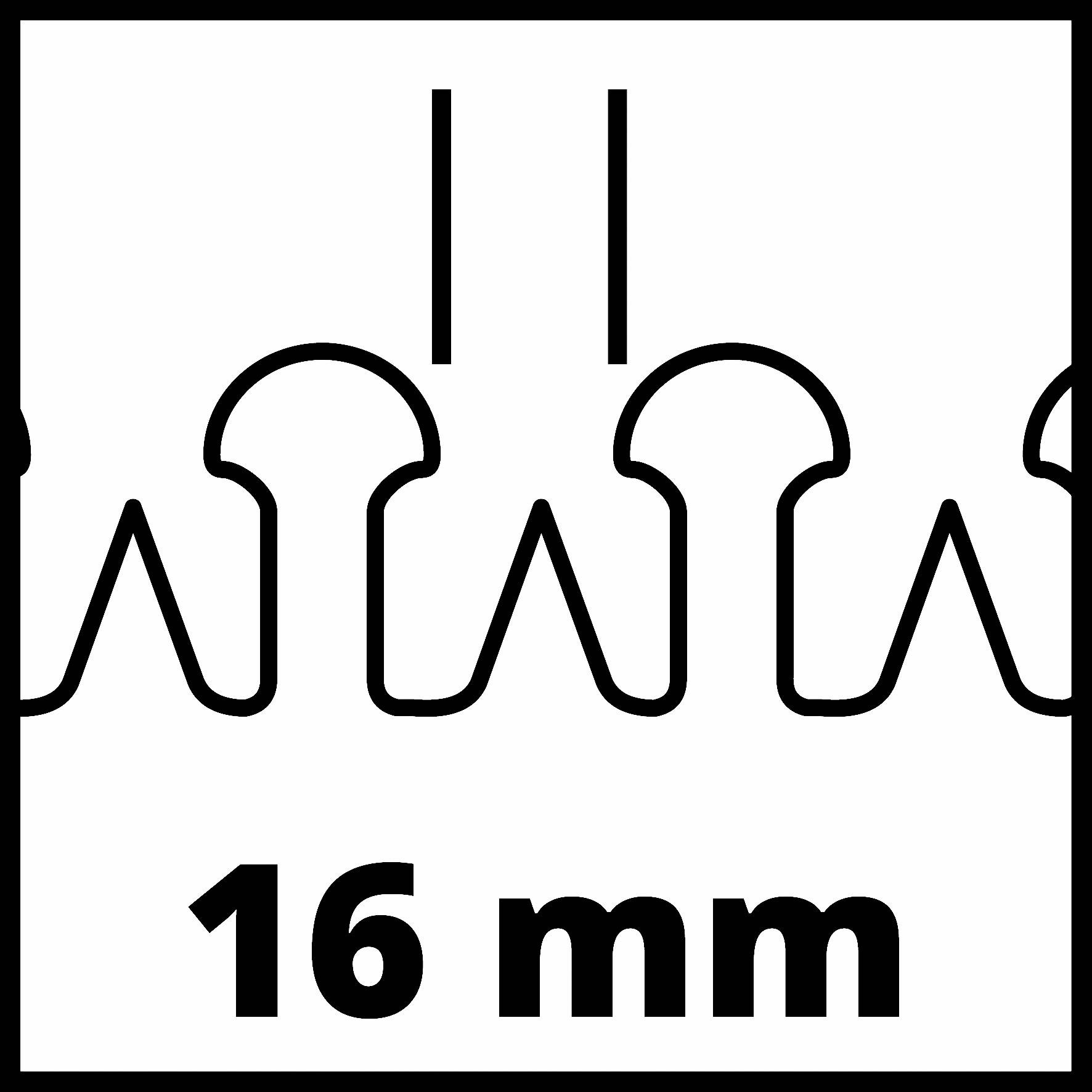 Ilustrace tvaru zubu pilového listu s uvedením 16 mm.