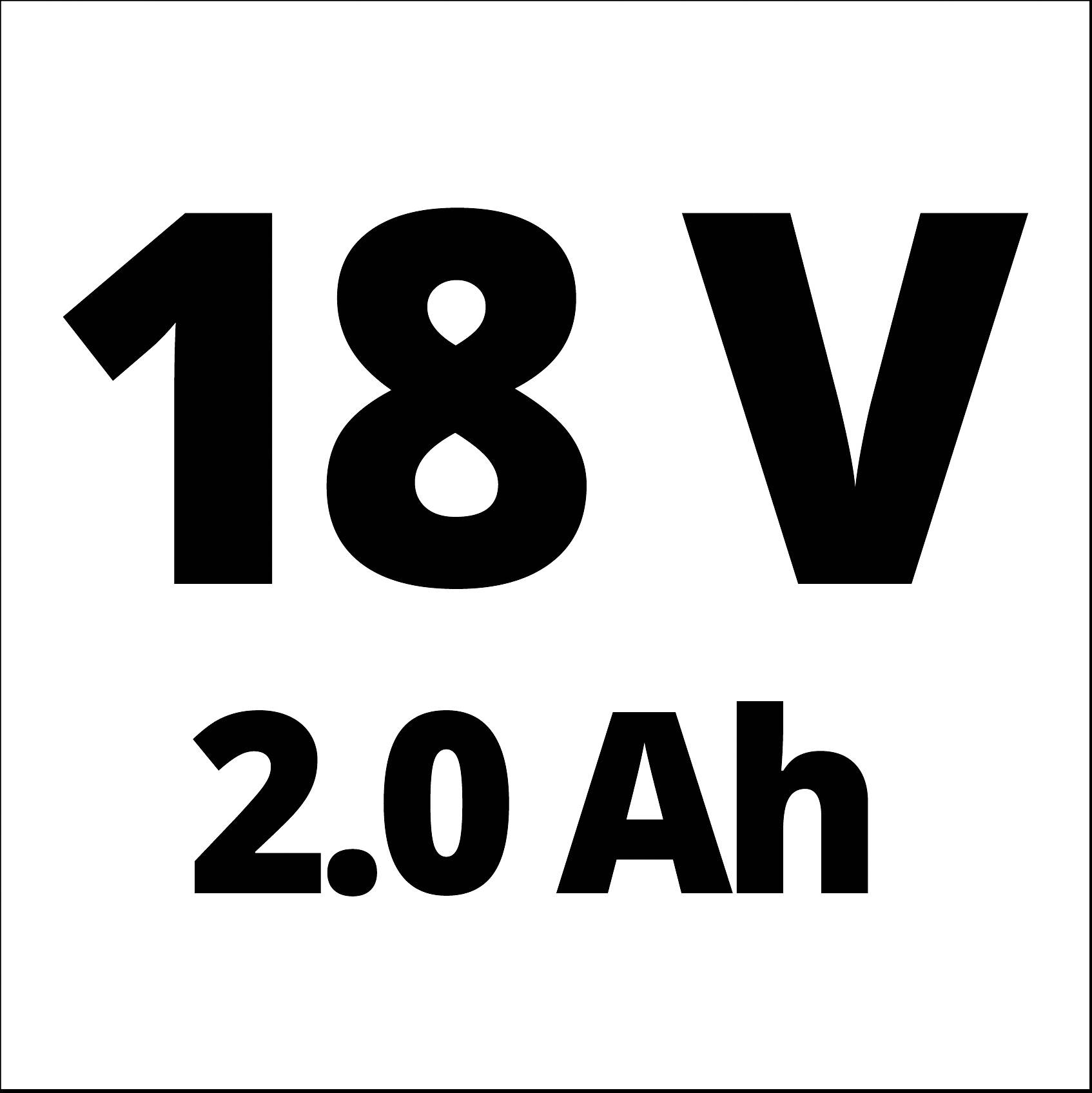 '18 V 2,0 Ah' černým písmem na bílém pozadí.<br><br>Note: I replaced the decimal point with a comma, as this is standard in Czech numerical notation.