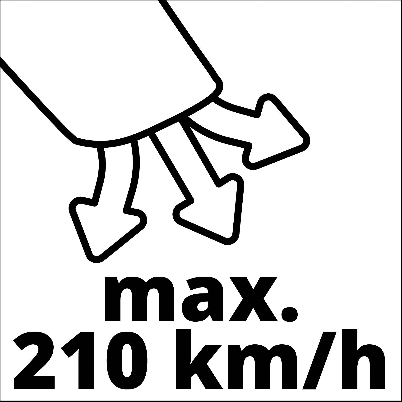 Symbol se třemi šipkami směřujícími dolů s nápisem 'max. 210 km/h', což znamená omezení rychlosti.