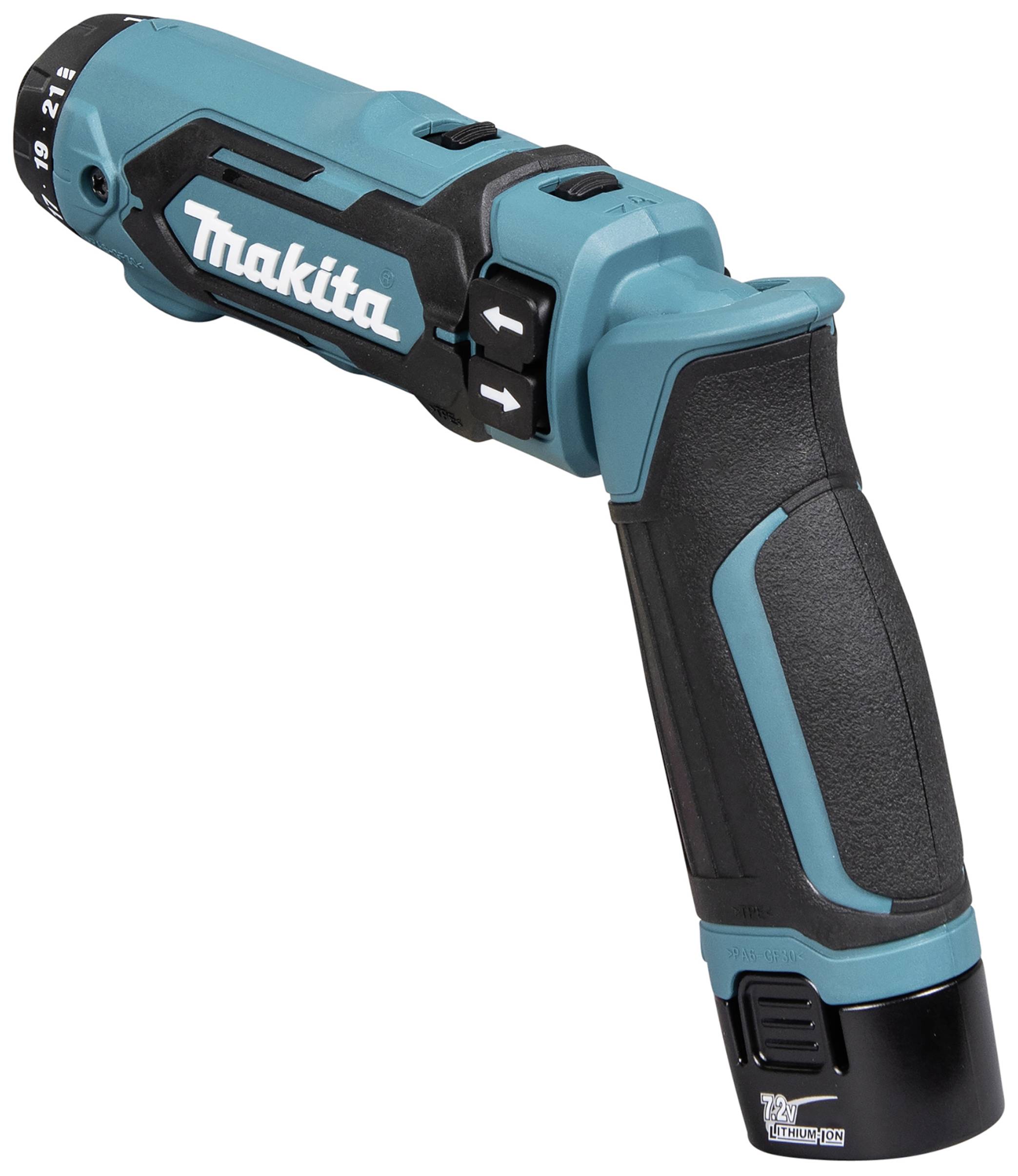 Akumulátorový šroubovák s ergonomickou rukojetí, modro-černý design, značka 'Makita', vhodný pro domácí kutilství.