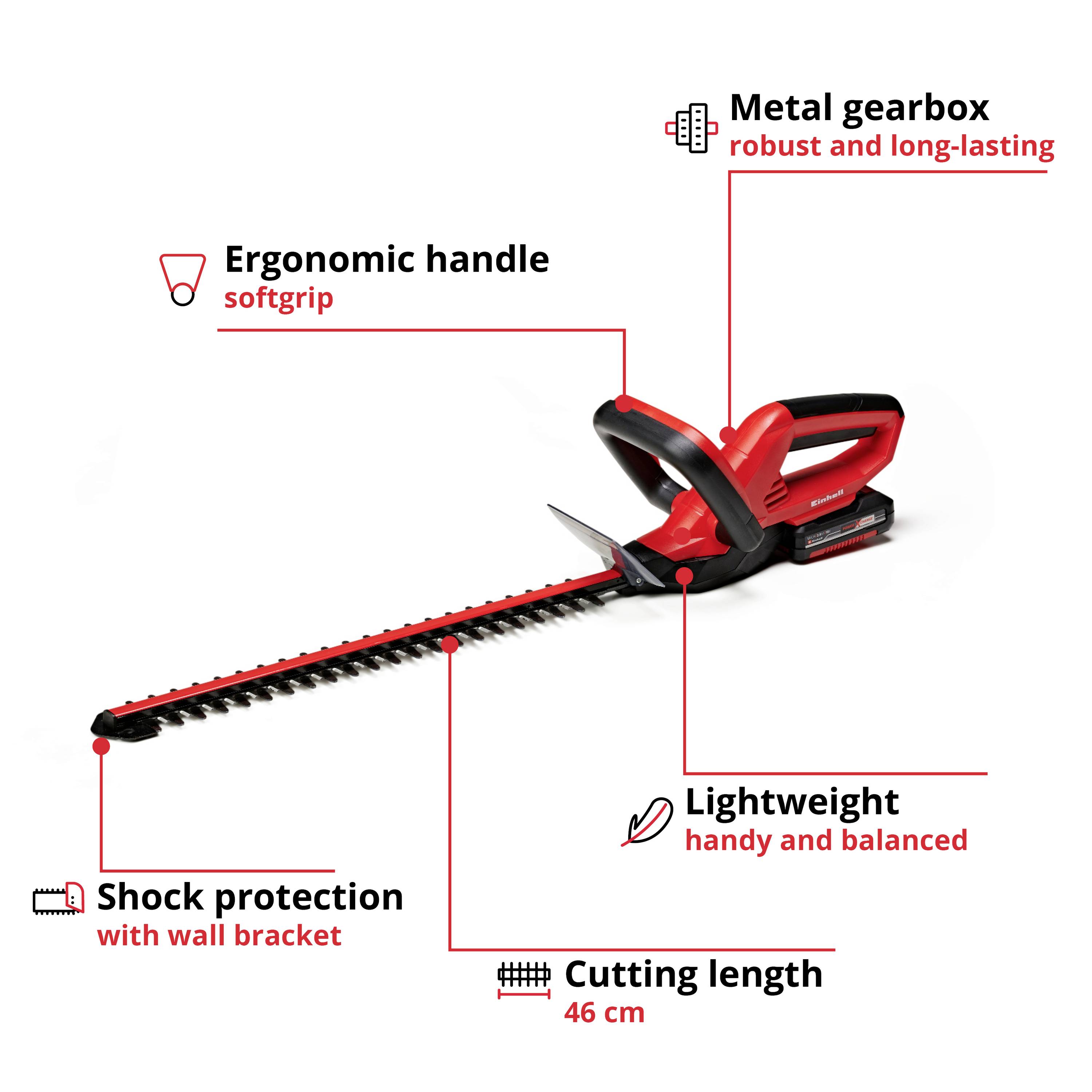 Červené zahradní nůžky s ergonomickou rukojetí, kovovým převodem, nárazovou ochranou a délkou střihu 46 cm. Nízká hmotnost, obratné a dobře vyvážené.