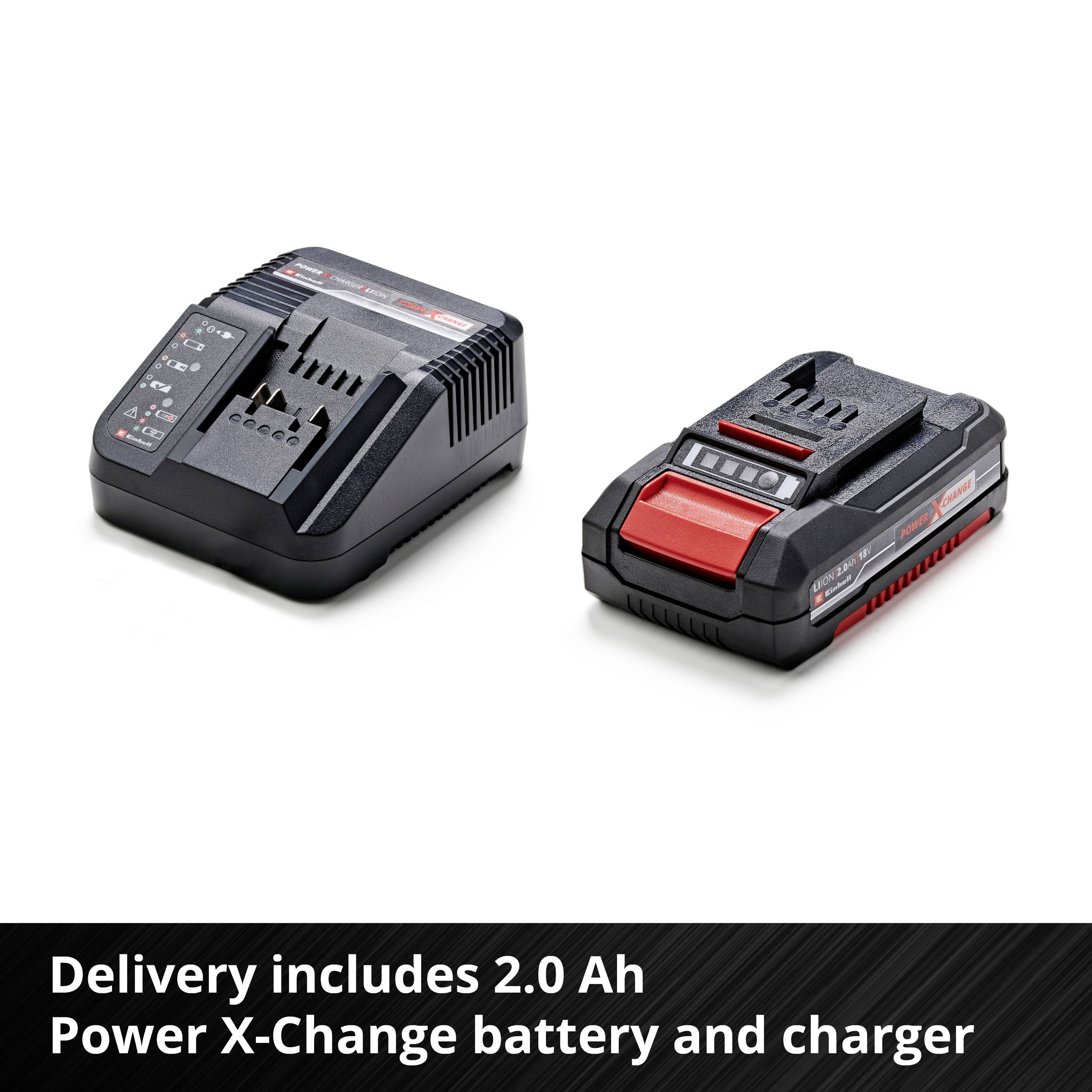 Nabíječka a 2,0 Ah Power X-Change akumulátor. Text: 'Dodávka včetně 2,0 Ah Power X-Change akumulátoru a nabíječky'.