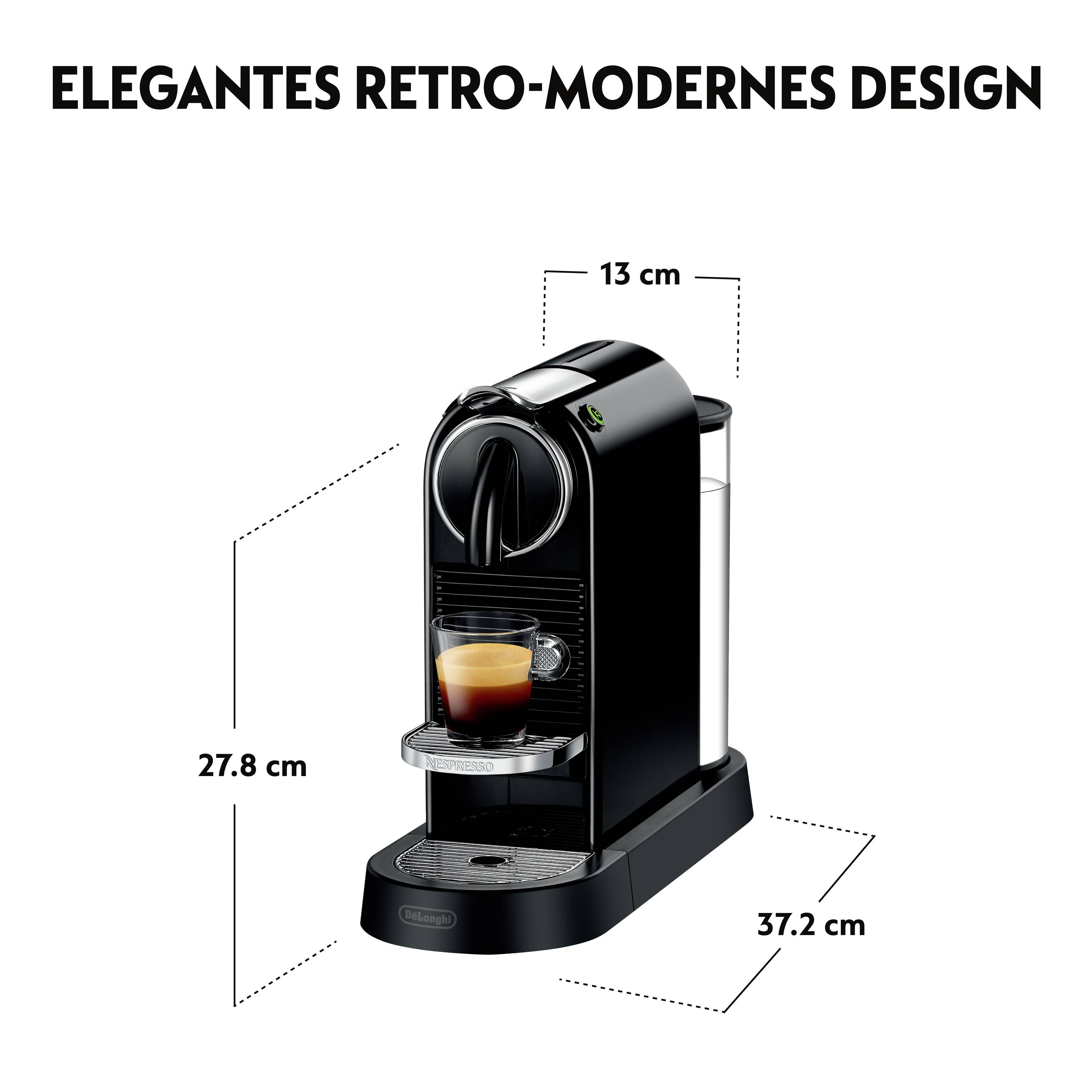 Kávovar Nespresso s retro designem, rozměry: 13 cm šířka, 27,8 cm výška, 37,2 cm hloubka. Elegantní a moderní.