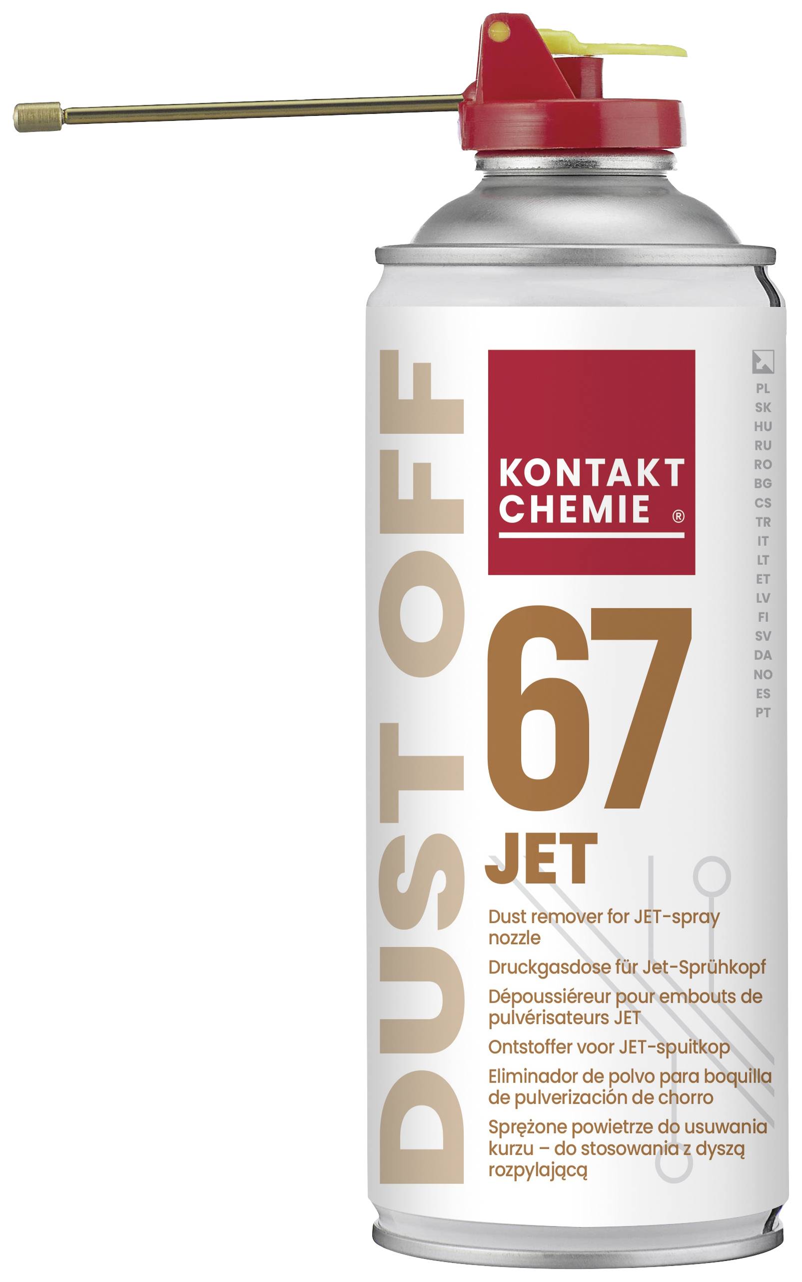 Sprej 'DUST OFF 67 JET' od společnosti Kontakt Chemie určený k odstraňování prachu. Obsahuje prodloužitelnou trysku pro přesné stříkání.