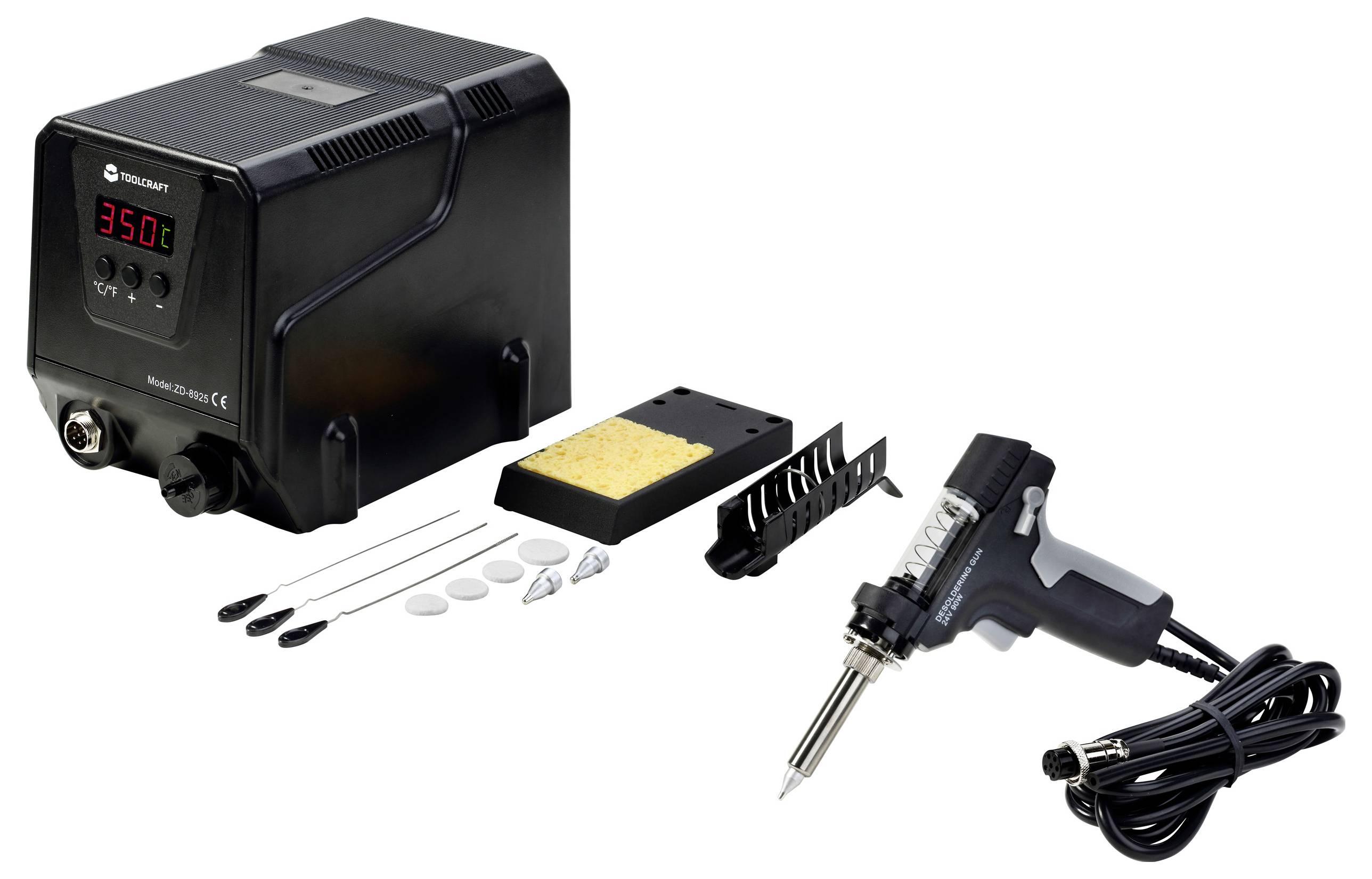 Pájecí stanice se sadou s digitálním regulátorem nastaveným na 350°C, pájecí pero, stojan, houba a různé pájecí hroty pro elektronické práce.