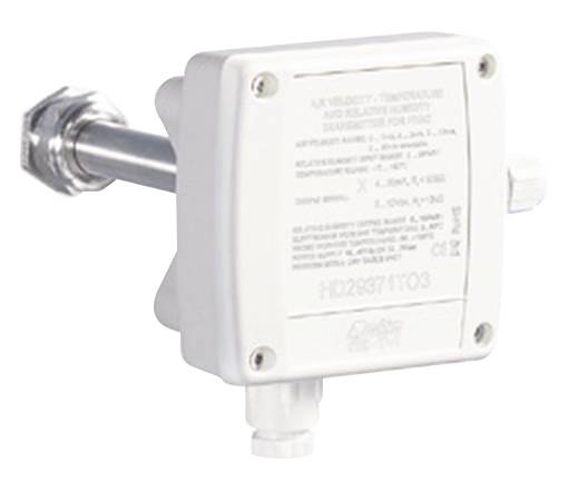 Bílý senzor proudění vzduchu s obdélníkovým pouzdrem a kovovým senzorským ramenem, vhodný pro průmyslové aplikace.