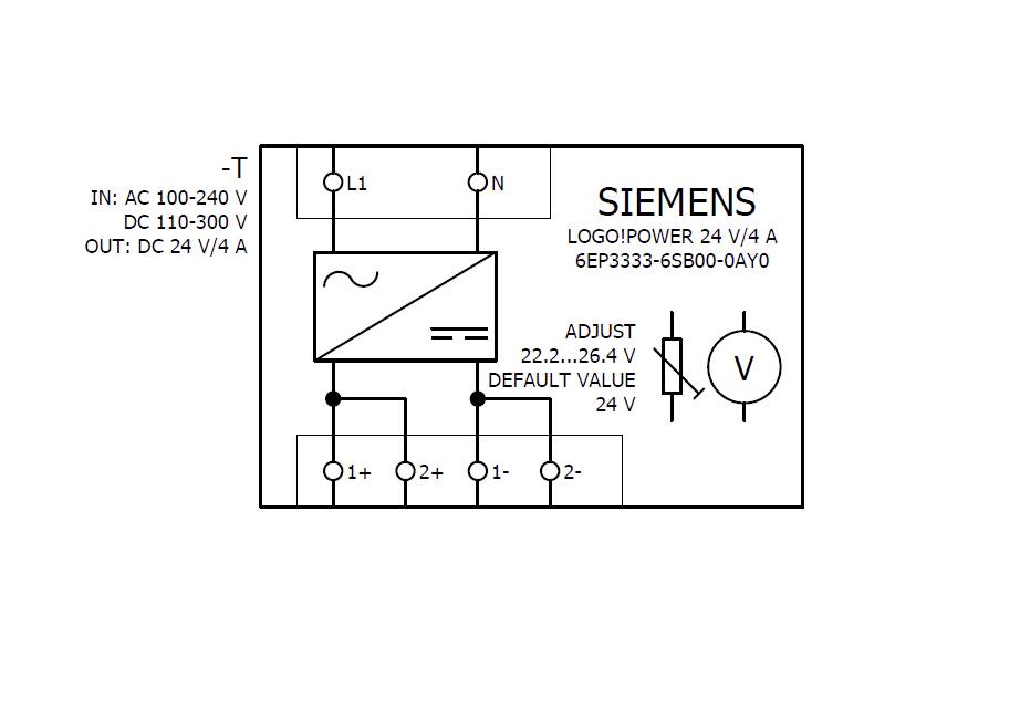 Schéma zapojení napájecího zdroje Siemens LOGO!POWER. Vstupy: AC 100-240 V, DC 110-300 V. Výstupy: DC 24 V/4 A. Napětí nastavitelné 22,2-26,4 V.
