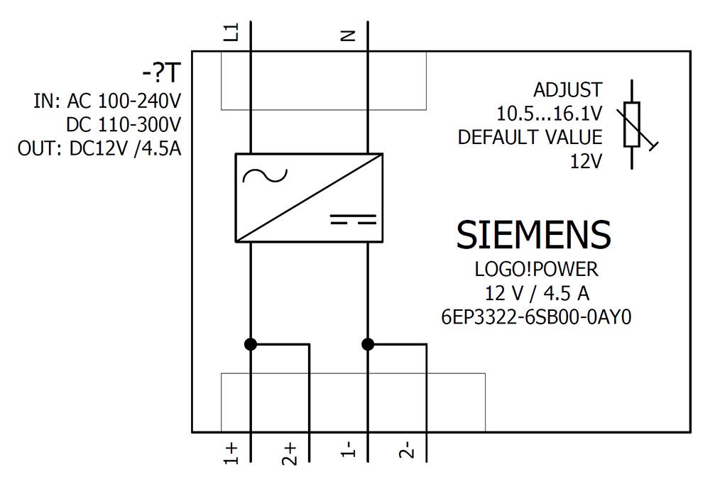 'Schéma zapojení Siemens-Logo' zobrazuje připojení, napájení 100-240V AC/110-300V DC, výstup 12V/4,5A, s nastavovacím regulátorem 10,5-16,1V, standardní hodnota 12V. Model 6EP3322-6SB00-0AY0.