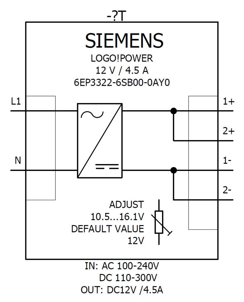 Schéma zapojení napájecího modulu Siemens-Logo!. Vstupy: L1, N; Výstupy: 1+, 1-, 2+, 2-. Nastavitelný rozsah: 10,5–16,1V, standard 12V.