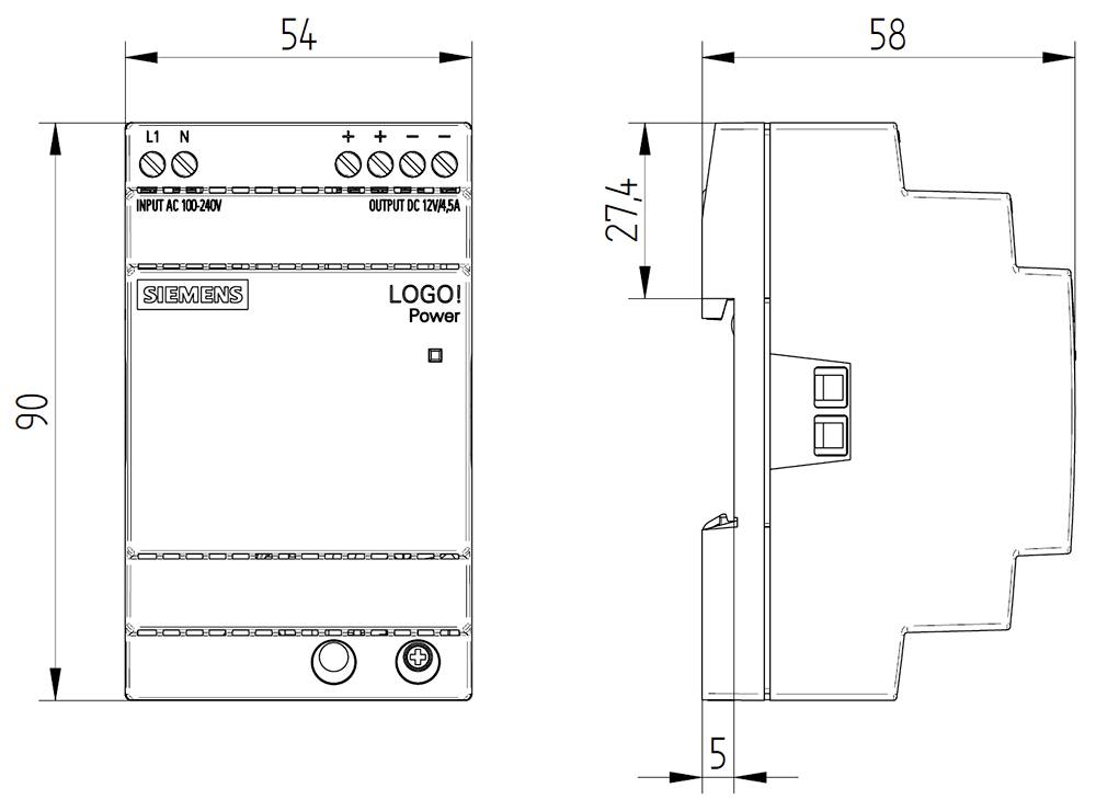 Schematické znázornění síťového zdroje Siemens LOGO! Power. Rozměry: šířka 54 mm, hloubka 58 mm, výška 90 mm.