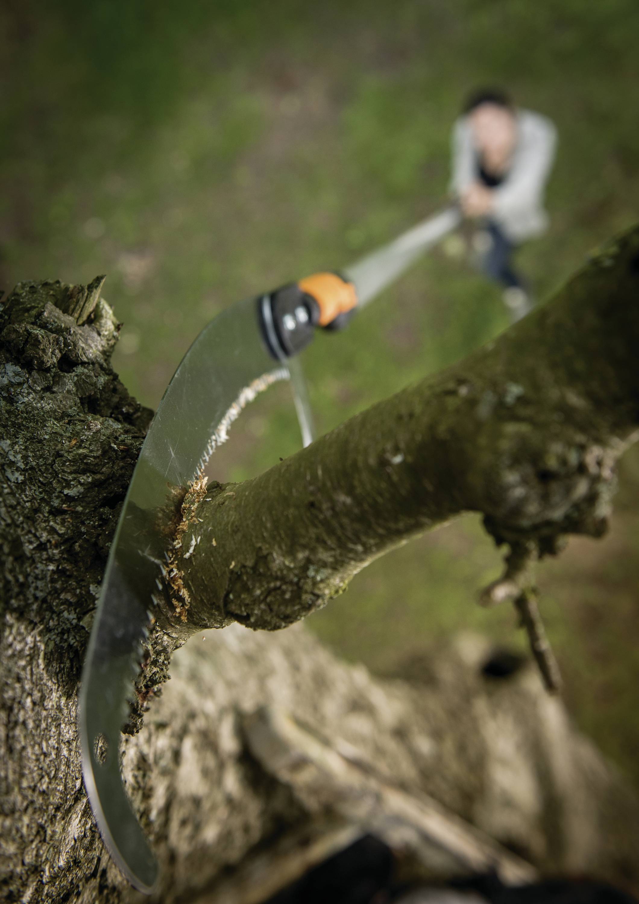 Osoba řeže větev dlouhou pilkou. Záběr je zaměřen shora na pilku a větev.