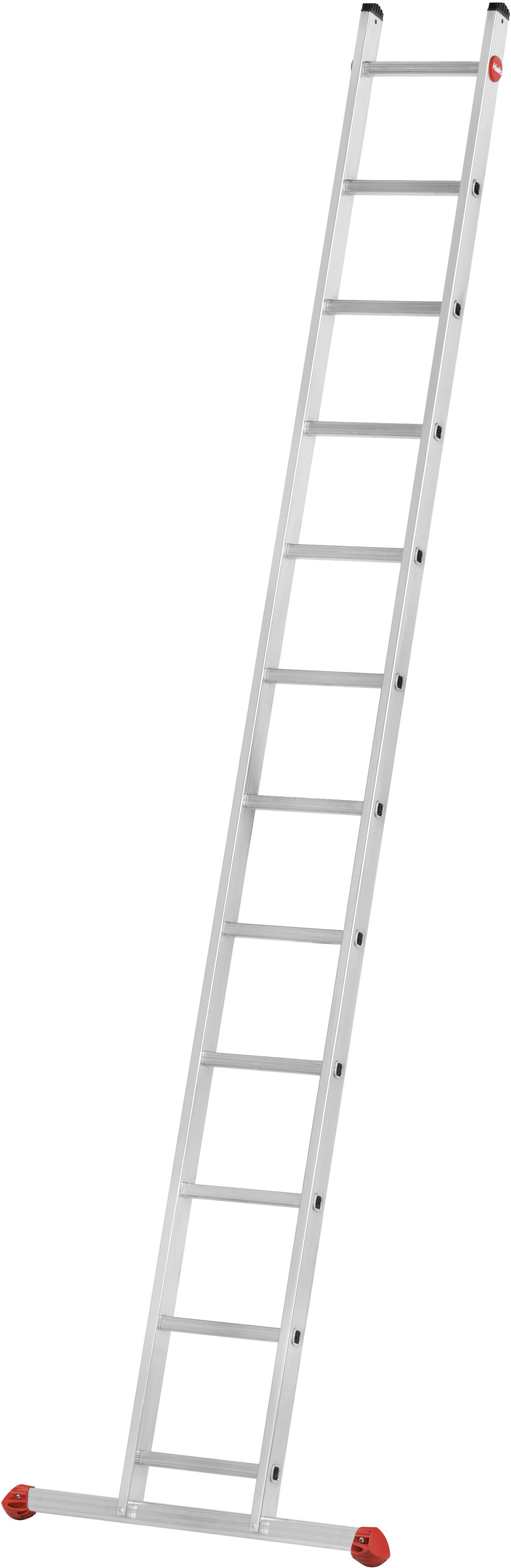 Hliníkový žebřík se 12 příčkami v nakloněné poloze, vhodný pro domácí a zahradní práce, s červenými bezpečnostními patkami.