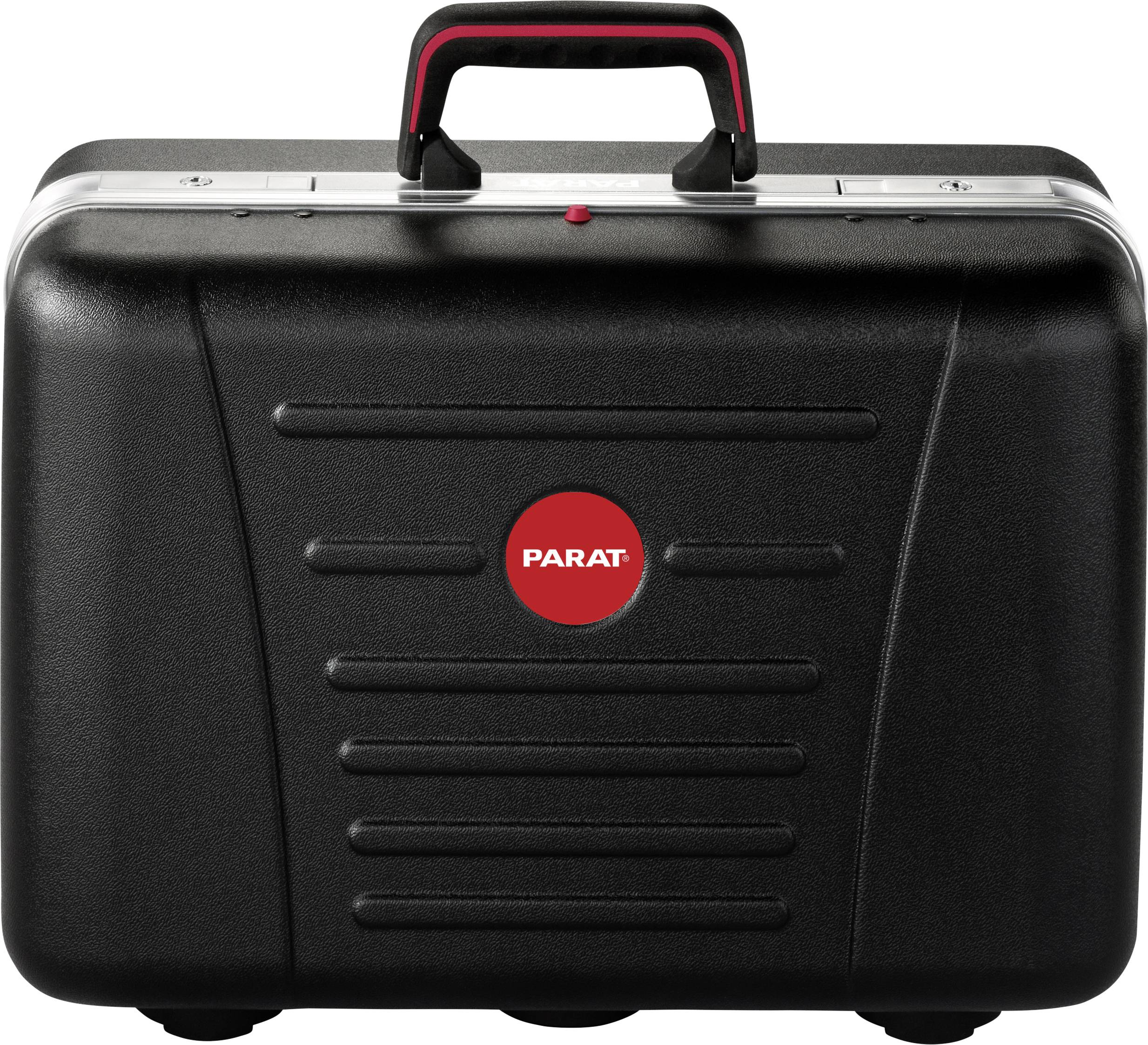 Černý kufr na nářadí s červeným logem 'PARAT' uprostřed. Kufr má pevnou rukojeť nahoře a robustní design.