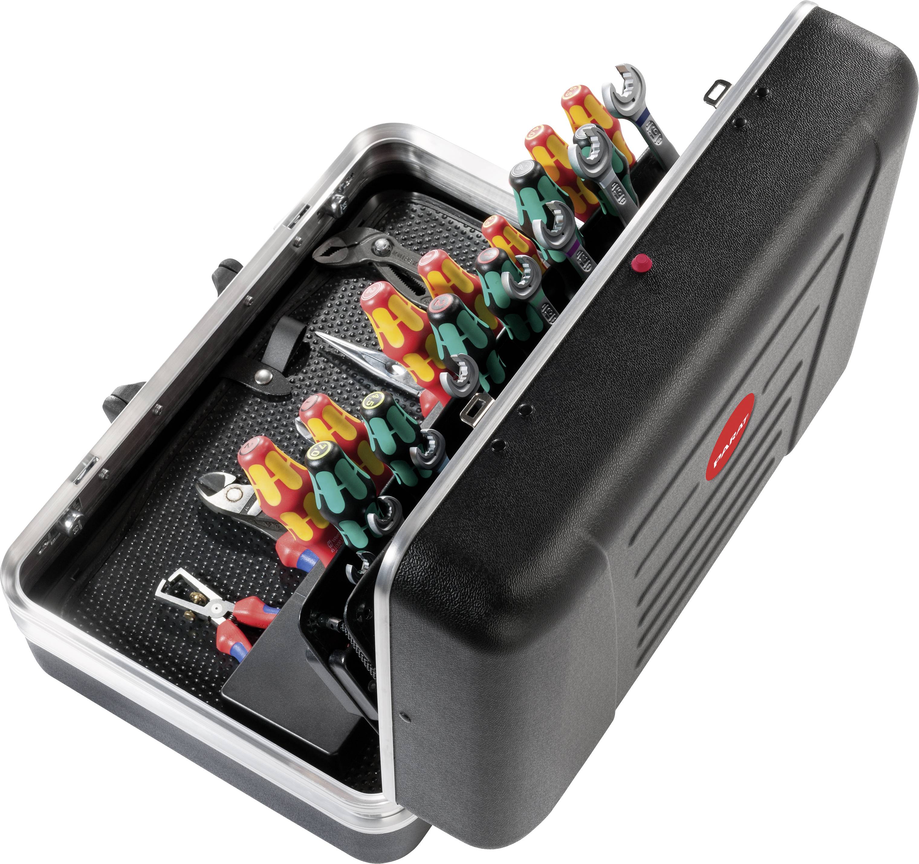 Otevřená sada nástrojů s různými šroubováky a kleštěmi, uspořádaná a připravená k použití.