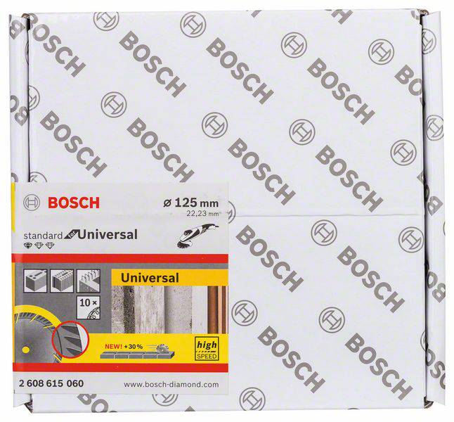 Balení pilového kotouče Bosch, kulatý, univerzální, průměr 125 mm, vhodný pro různé materiály, s důrazem na robustní výkon.